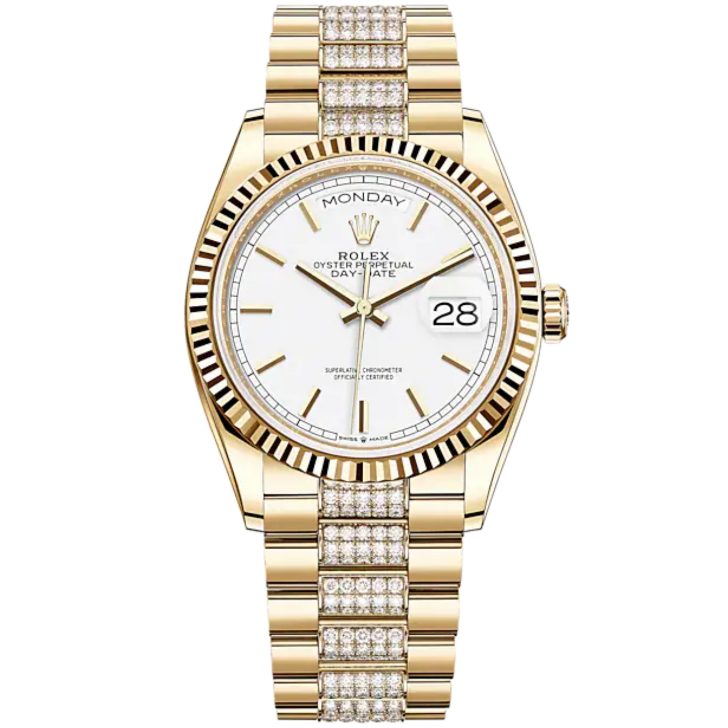 Day-Date 36 36mm Diamond-Set President Bracelet and 18 KT Yellow Gold with White Dial Fluted Bezel
