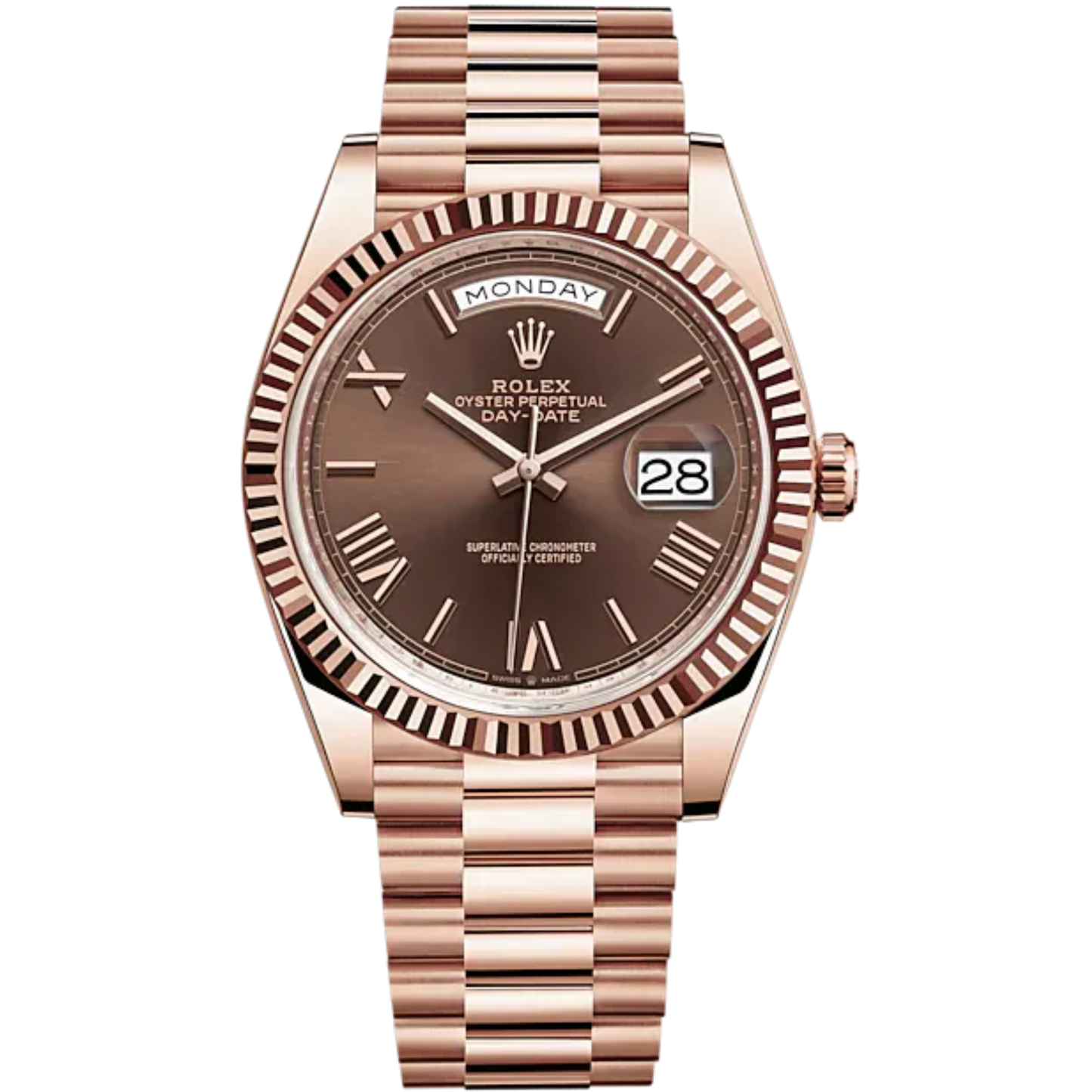 Rolex Day-Date Ref. 228235 40mm Everose Gold with Chocolate Roman Dial Fluted Bezel