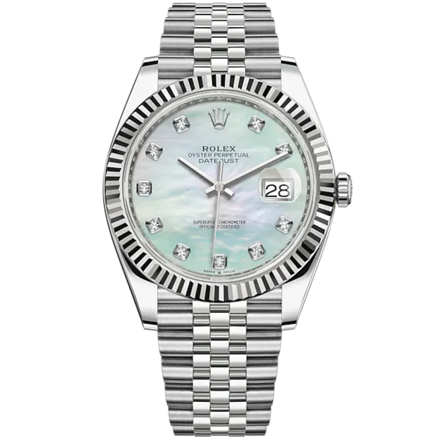 Datejust 41 41mm Jubilee Bracelet and White Gold with White Mother-Of-Pearl Diamond-Set Dial Fluted Bezel