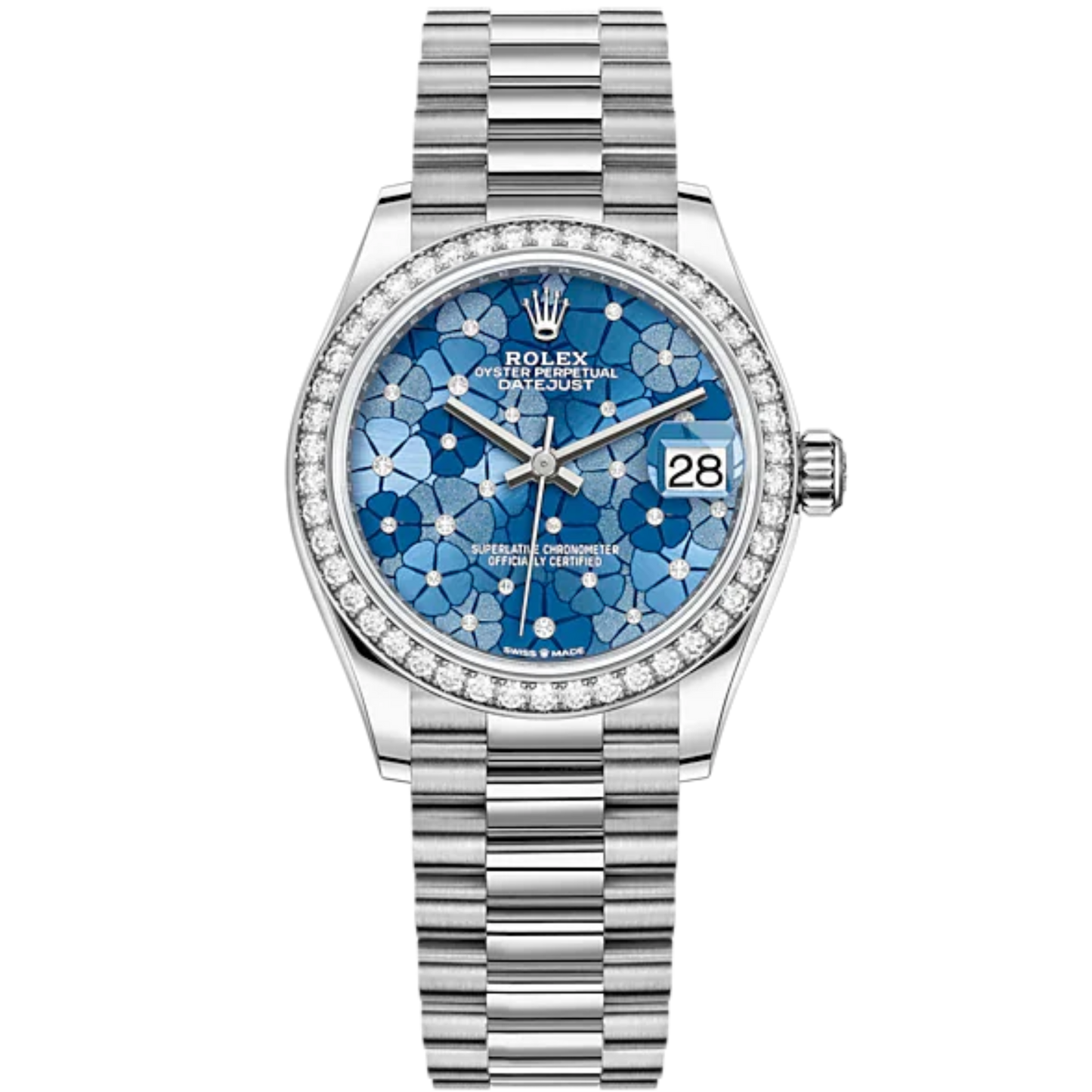 Datejust 31 31mm President Bracelet Oystersteel and White Gold with Azzurro-Blue Floral-Motif Diamond-Set Bezel