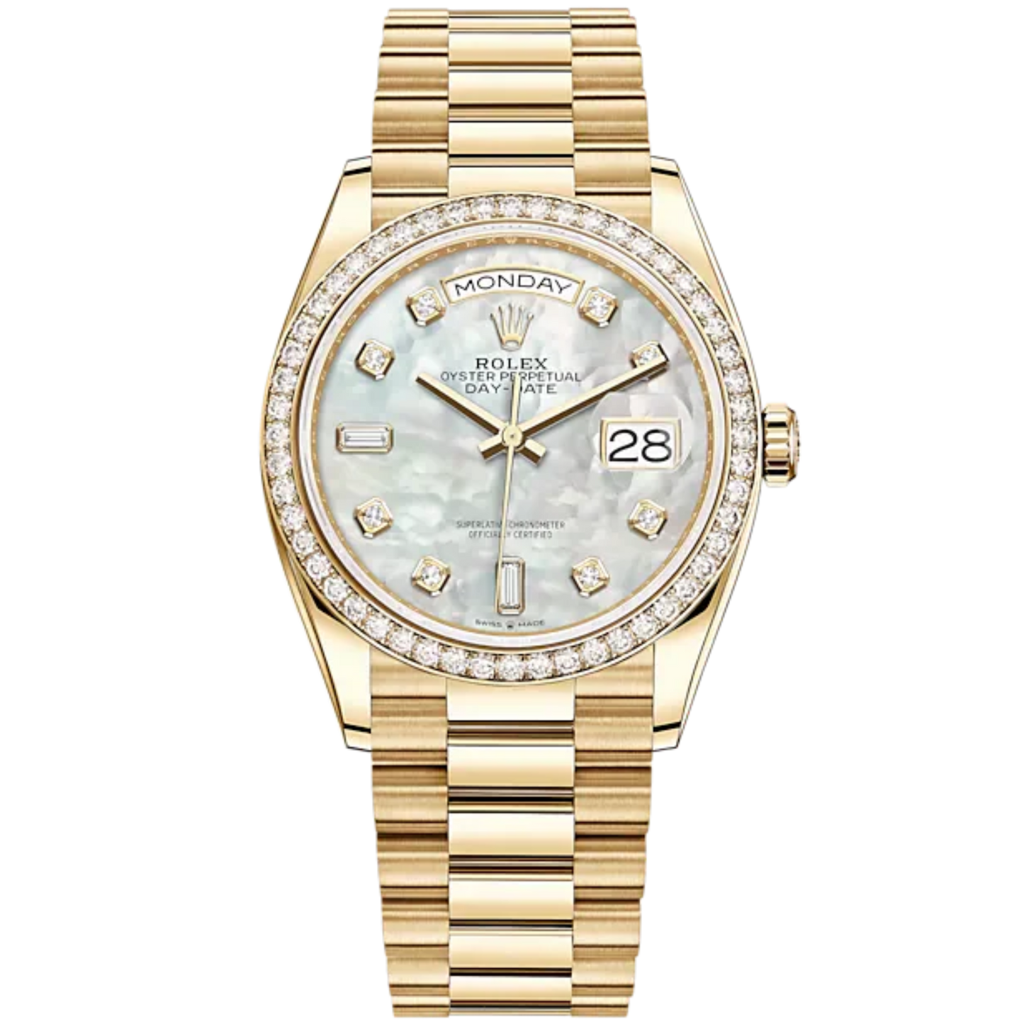 Day-Date 36 36mm President Bracelet and 18 KT Yellow Gold with White Mother-of-Pearl Diamond-Set Dial Diamond-Set Bezel