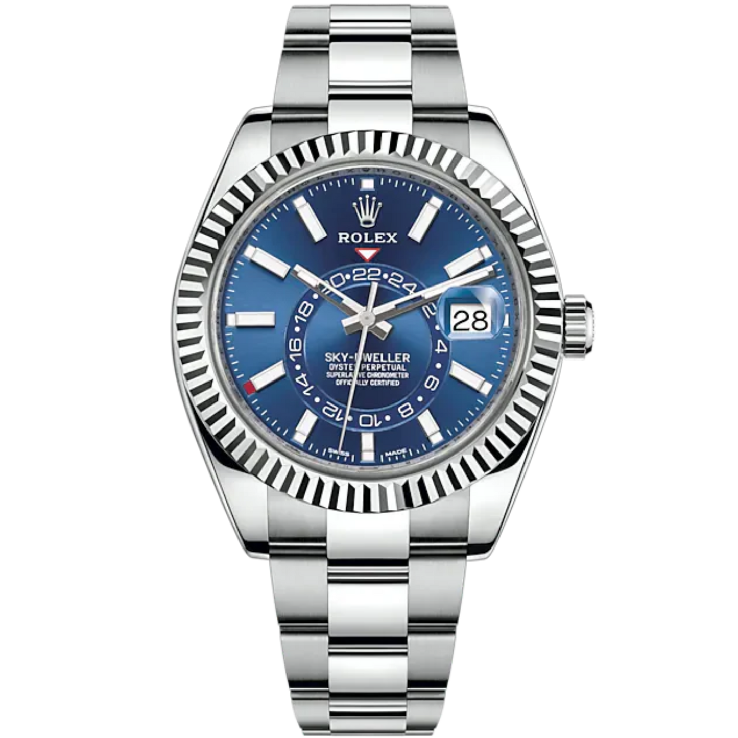 Sky-Dweller 42mm Oyster Bracelet Oystersteel and White Gold with Bright Blue Dial Fluted Bezel