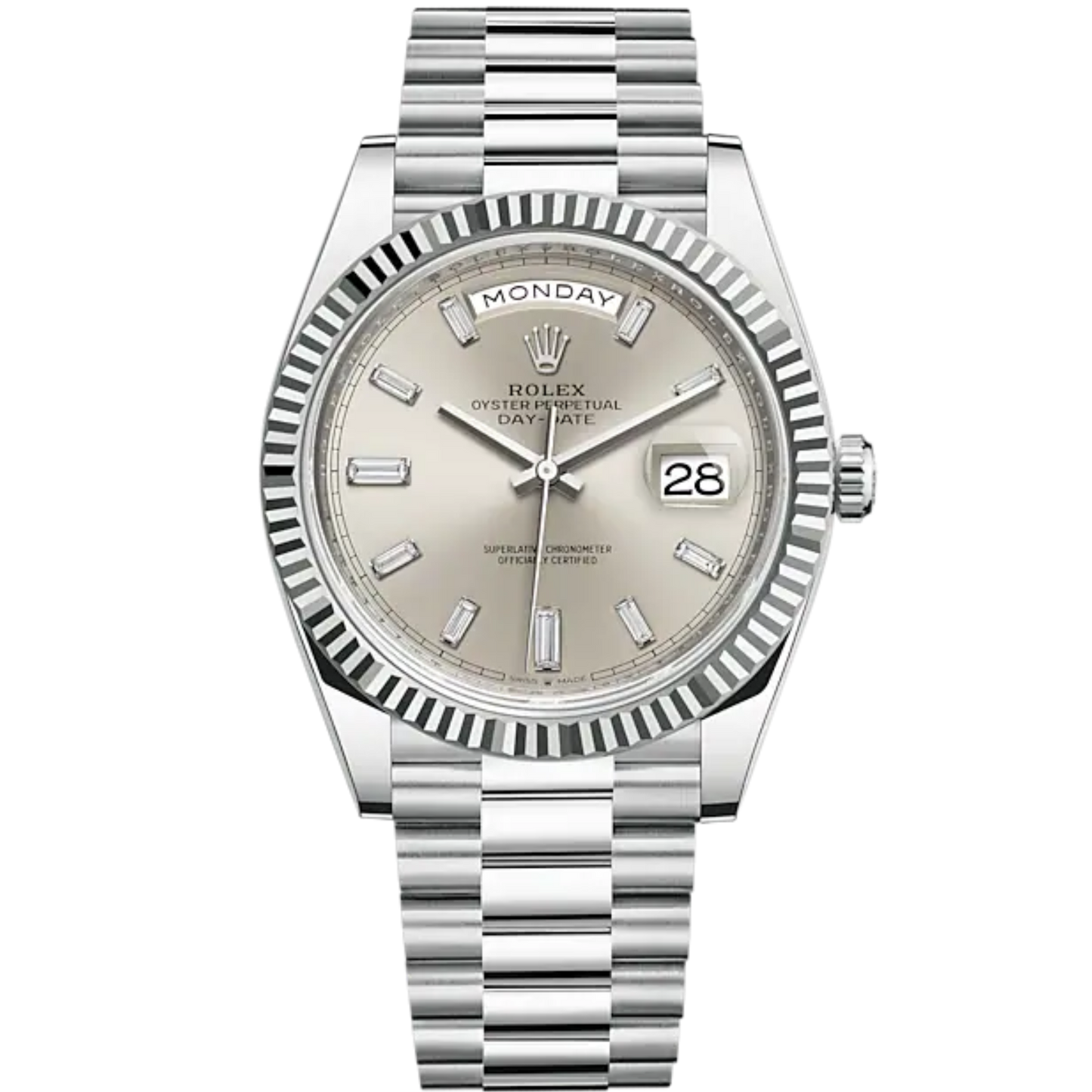 Day-Date 40 40mm President Bracelet and 18 KT White Gold with Silver Diamond-Set Dial and Fluted Bezel