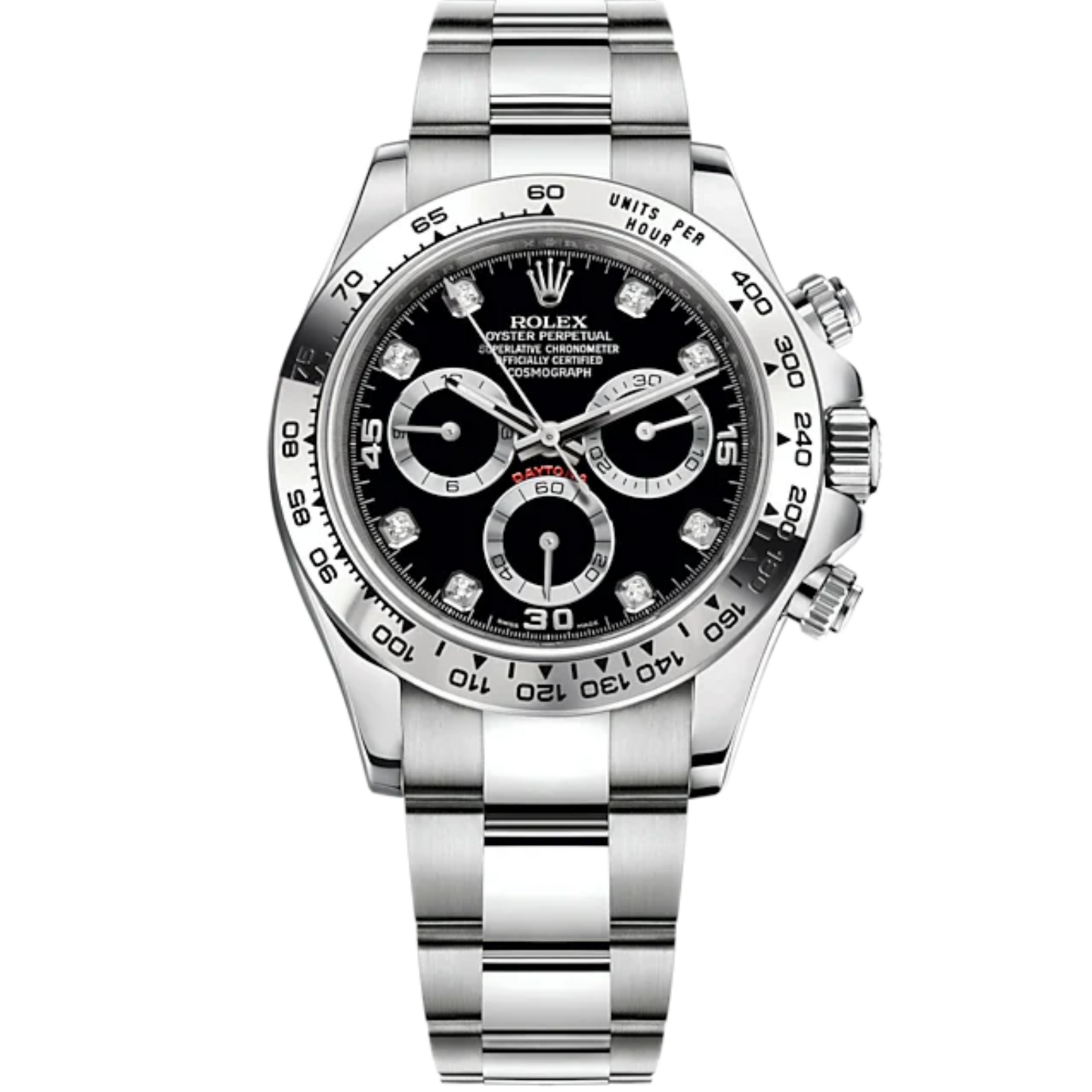 Cosmograph Daytona 40MM Oyster Bracelet Black Diamond-Set Dial 18 CT White Gold Bezel With Engraved Tachymetric Scale