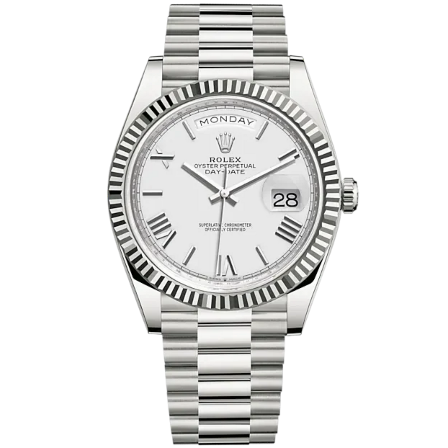Day-Date 40 40mm President Bracelet and 18 KT White Gold with White Dial and Fluted Bezel