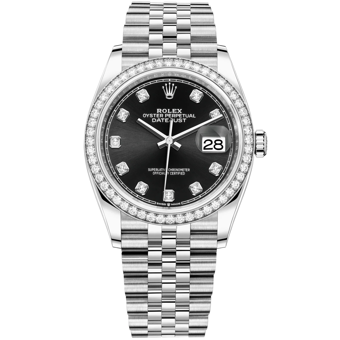 Rolex Datejust Ref. 126284RBR 36MM Black Dial with Diamond Markers/Diamond Bezel on Jubilee