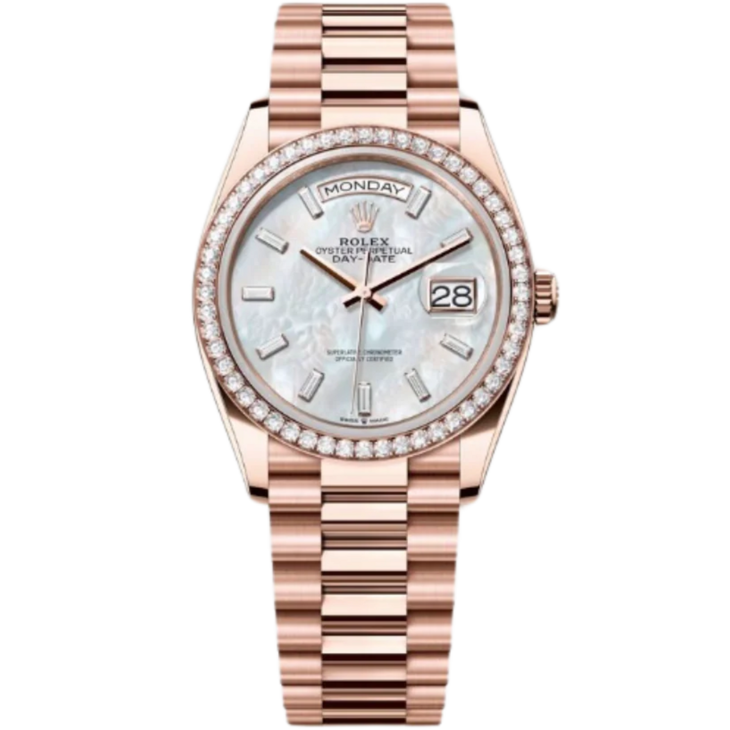 Rolex Day-Date Ref. 128345RBR 36MM Everose Gold Case Mother of Pearl Dial with Baguette Diamonds and Diamond Set Bezel
