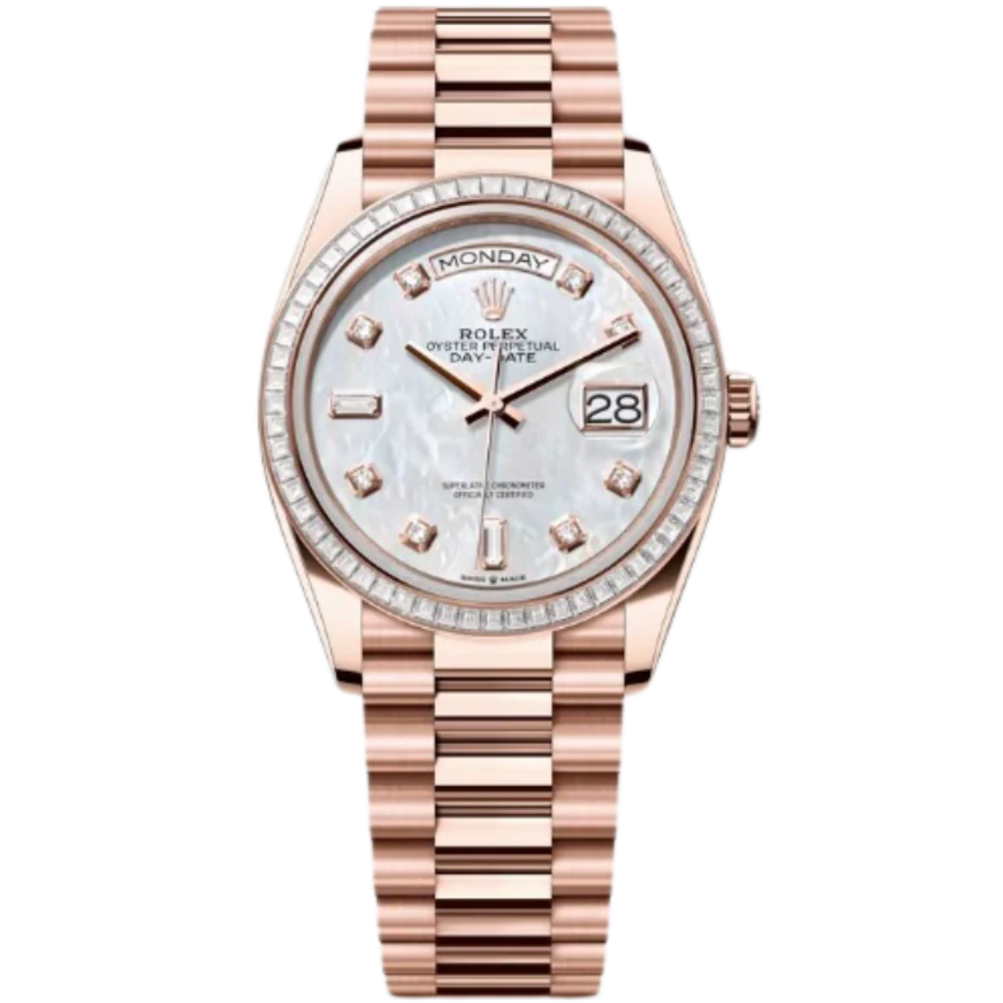 Rolex Day-Date Ref. 128395TBR 36MM Everose Gold Case Mother of Pearl Dial with Diamonds and Diamond Set Bezel