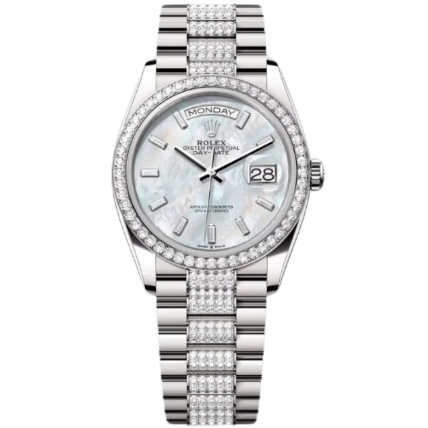 Rolex Day-Date Ref. 128349RBR 36MM White Gold Case Mother of Pearl Dial with Diamonds and Diamond Set Bezel and Links