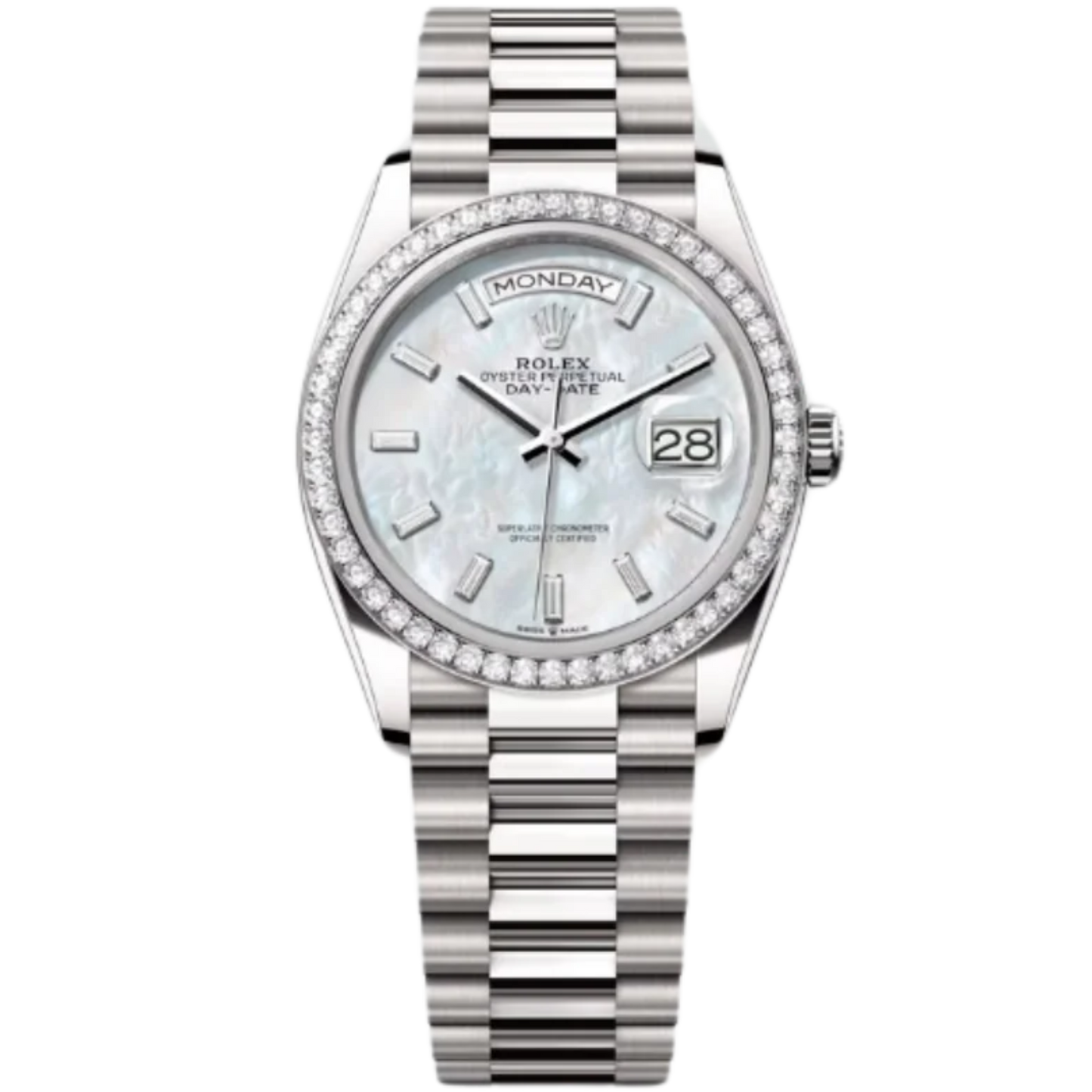 Rolex Day-Date Ref. 128349RBR 36MM White Gold Case Mother of Pearl Dial with Baguette Diamonds and Diamond Set Bezel