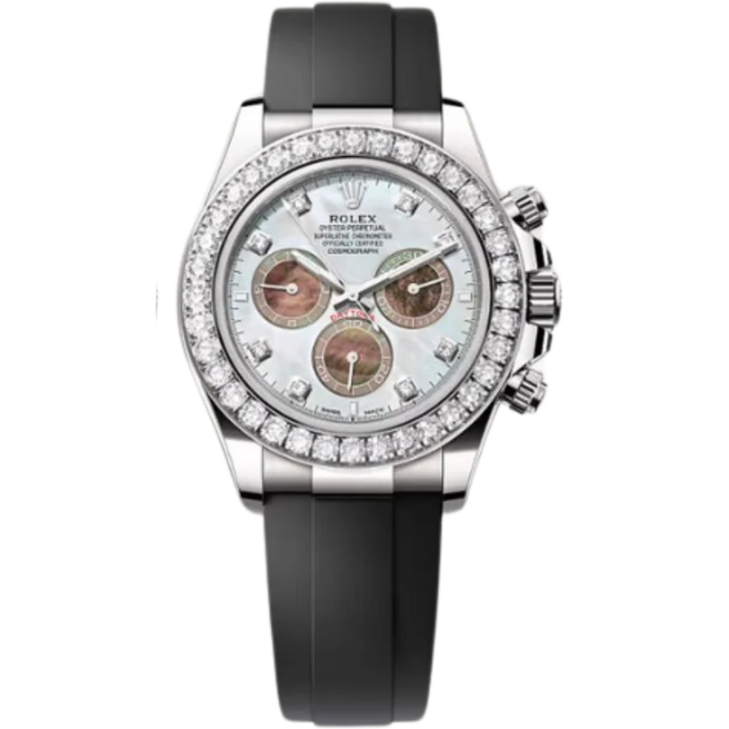Rolex Daytona Ref. 126589RBR White Gold Case White Mother of Pearl Dial with Diamonds and Diamond-Set Bezel in Oysterflex