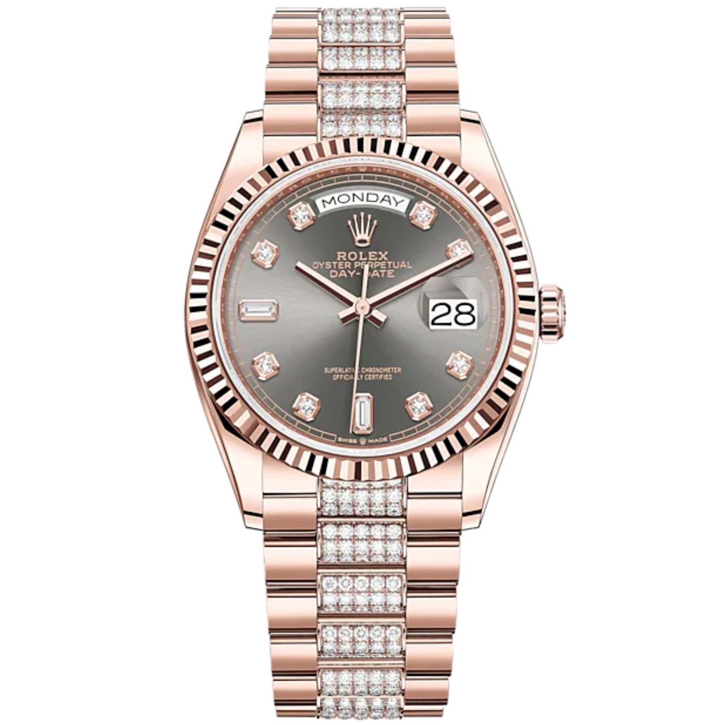 Day-Date 36 36mm Diamond-Set President Bracelet and 18 KT Everose Gold with Slate Dial Diamond-Set Dial Fluted Bezel