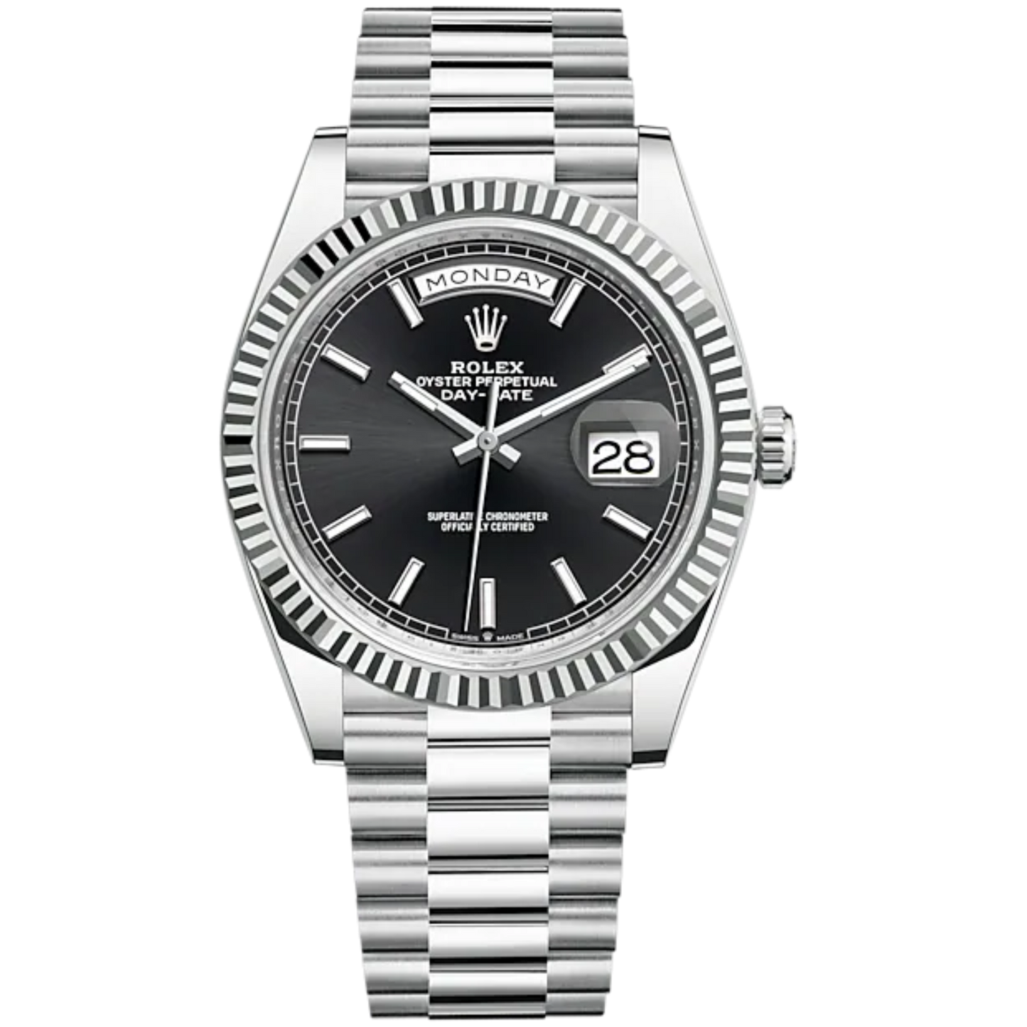Day-Date 40 40mm President Bracelet and 18 KT White Gold with Bright Black Dial and Fluted Bezel