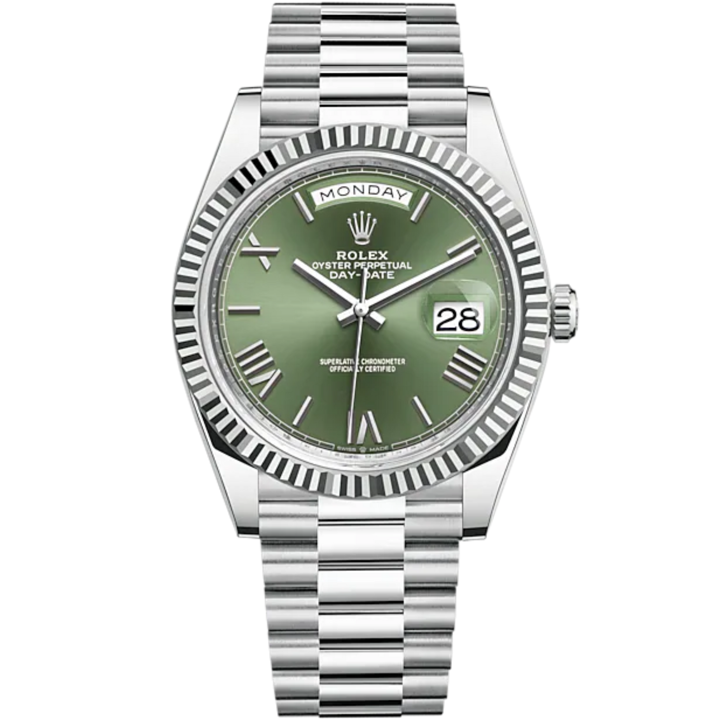 Day-Date 40 40mm President Bracelet and 18 KT White Gold with Olive Green Dial and Fluted Bezel