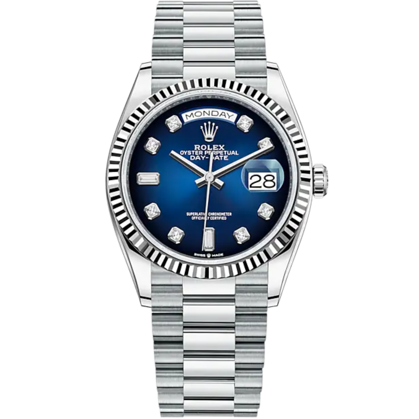 Day-Date 36 36mm President Bracelet and 18 KT White Gold with Blue Ombré Dial Diamond-Set Dial Fluted Bezel