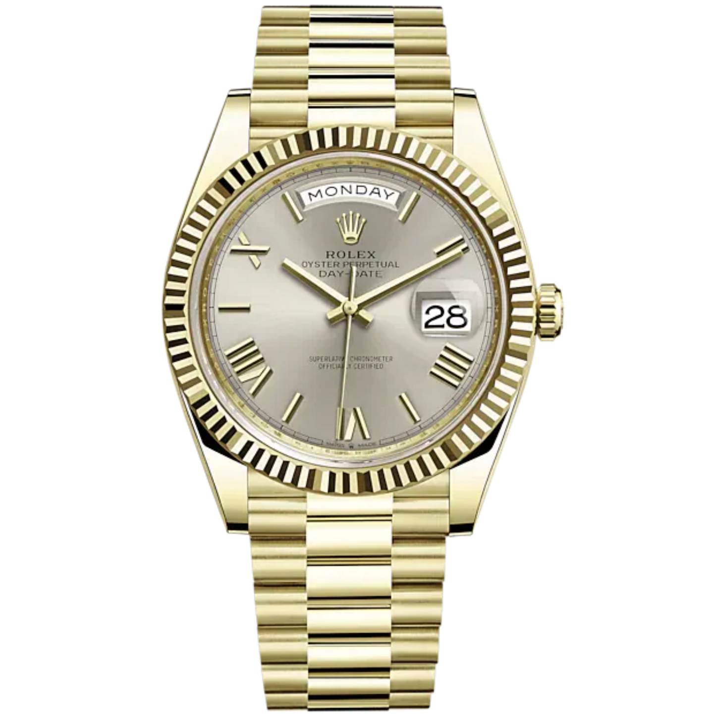 Rolex Day-Date Ref. 228238 40mm Yellow Gold with Silver Roman Dial Fluted Bezel