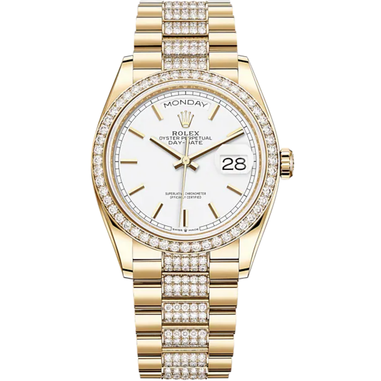 Day-Date 36 36mm Diamond-Set President Bracelet and 18 KT Yellow Gold with White Dial Diamond-Set Bezel