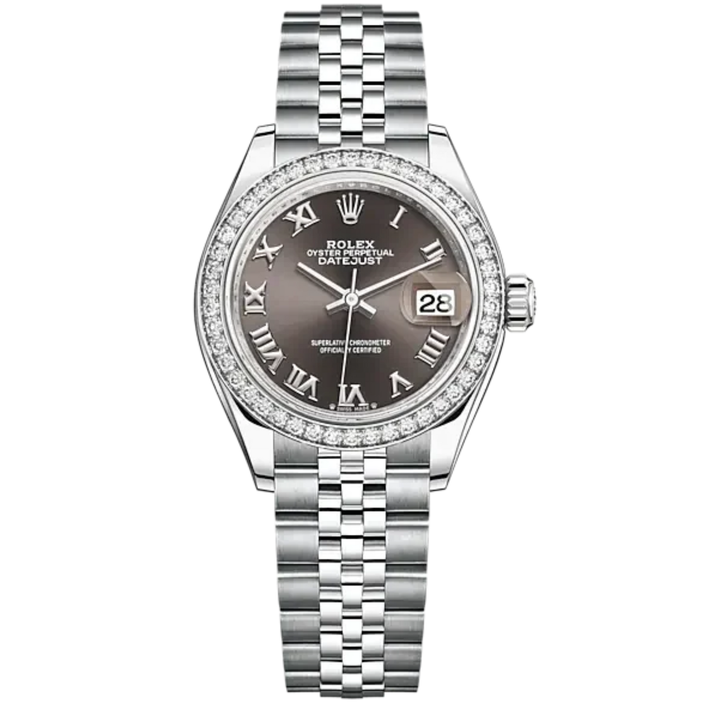 Lady-DateJust 28mm Oystersteel Jubilee Bracelet and White Gold with Dark Grey Dial Diamond-Set Bezel