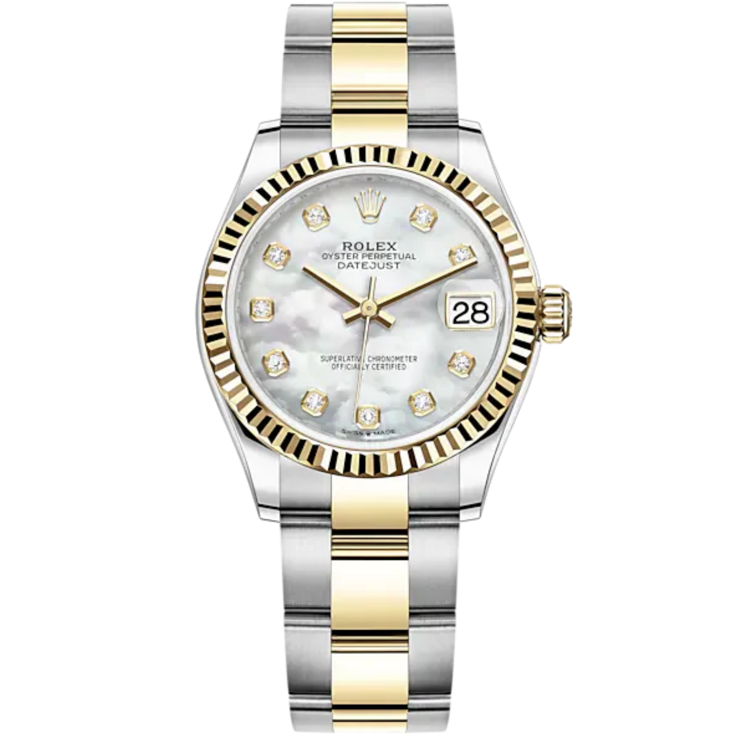 Datejust 31 31mm Oyster Bracelet Oystersteel and Yellow Gold with White Mother-Of-Pearl Diamond-Set Dial Fluted Bezel