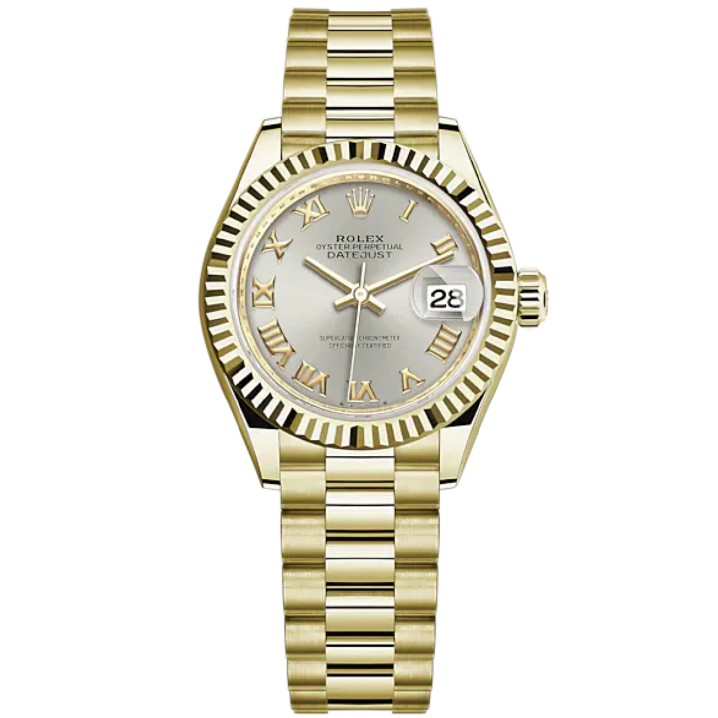 Lady-DateJust 28mm President Bracelet and 18 KT Yellow Gold with Silver Roman Dial Fluted Bezel