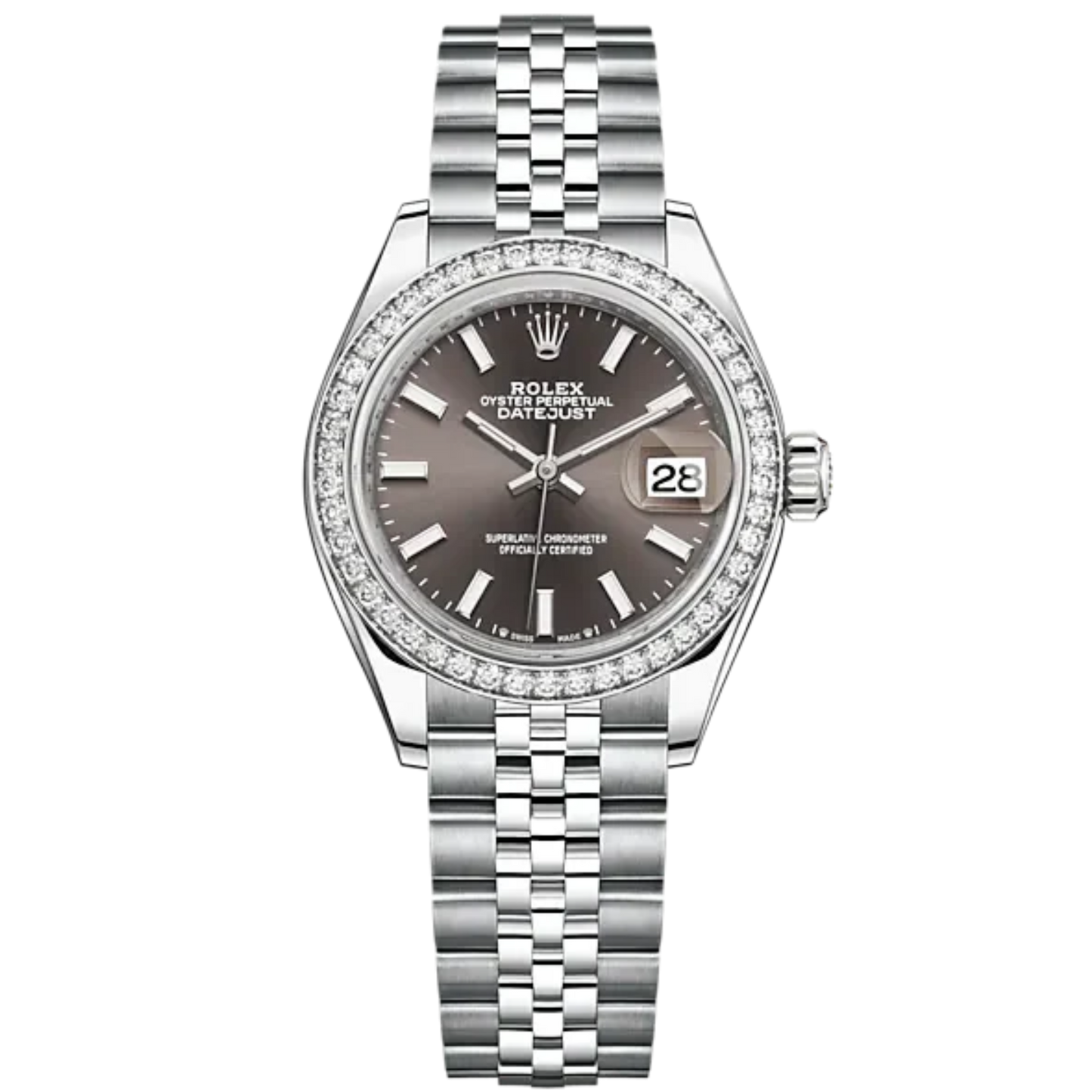 Lady-DateJust 28mm Oystersteel Jubilee Bracelet and White Gold with Dark Grey Dial Diamond-Set Bezel
