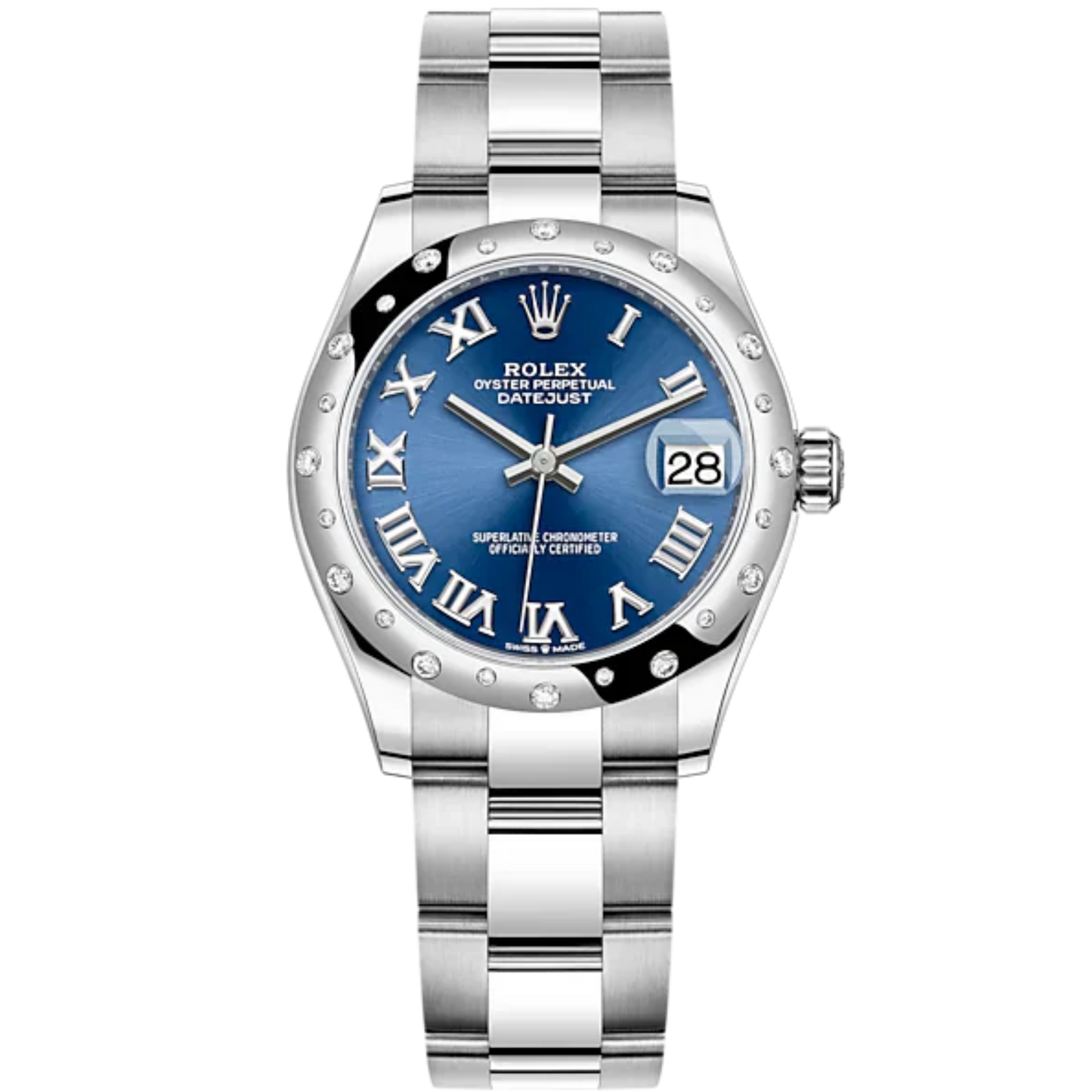Datejust 31 31mm Oyster Bracelet Oystersteel and White Gold with Bright Blue Dial Diamond-Set Bezel