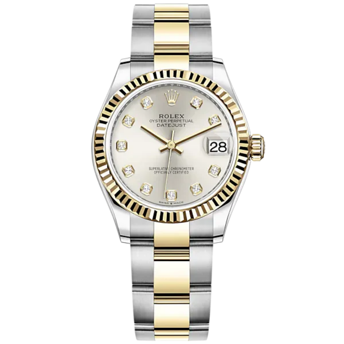 Datejust 31 31mm Oyster Bracelet Oystersteel and Yellow Gold with Silver Diamond-Set Dial Fluted Bezel