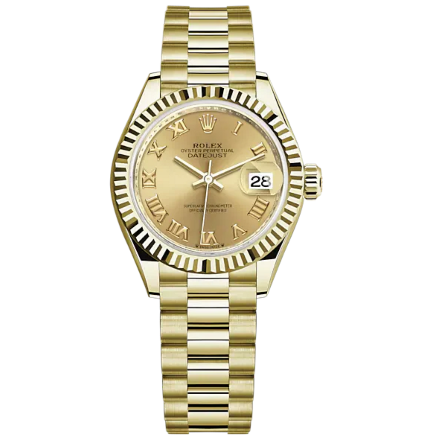 Lady-DateJust 28mm President Bracelet and 18 KT Yellow Gold with Champagne-Colour Dial Fluted Bezel