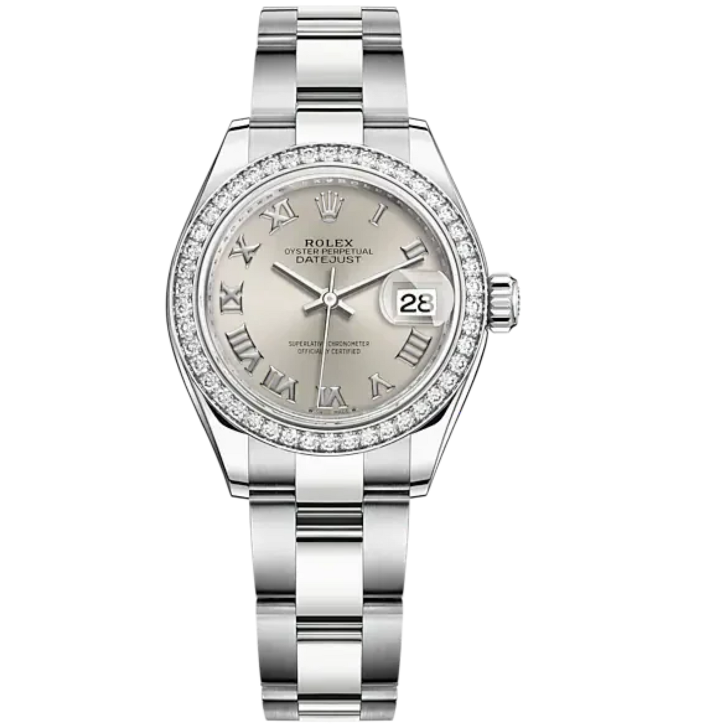 Lady-DateJust 28mm Oyster Oystersteel Bracelet and White Gold with Silver Dial Diamond-Set Bezel