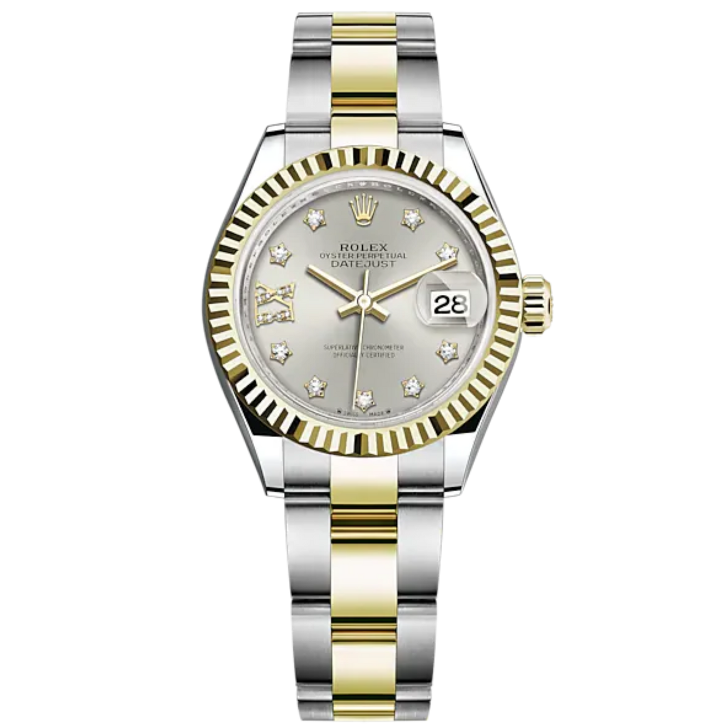Lady-DateJust 28mm Oyster Oystersteel Bracelet and Yellow Gold with Silver Dial Diamond-Set Dial Fluted Bezel