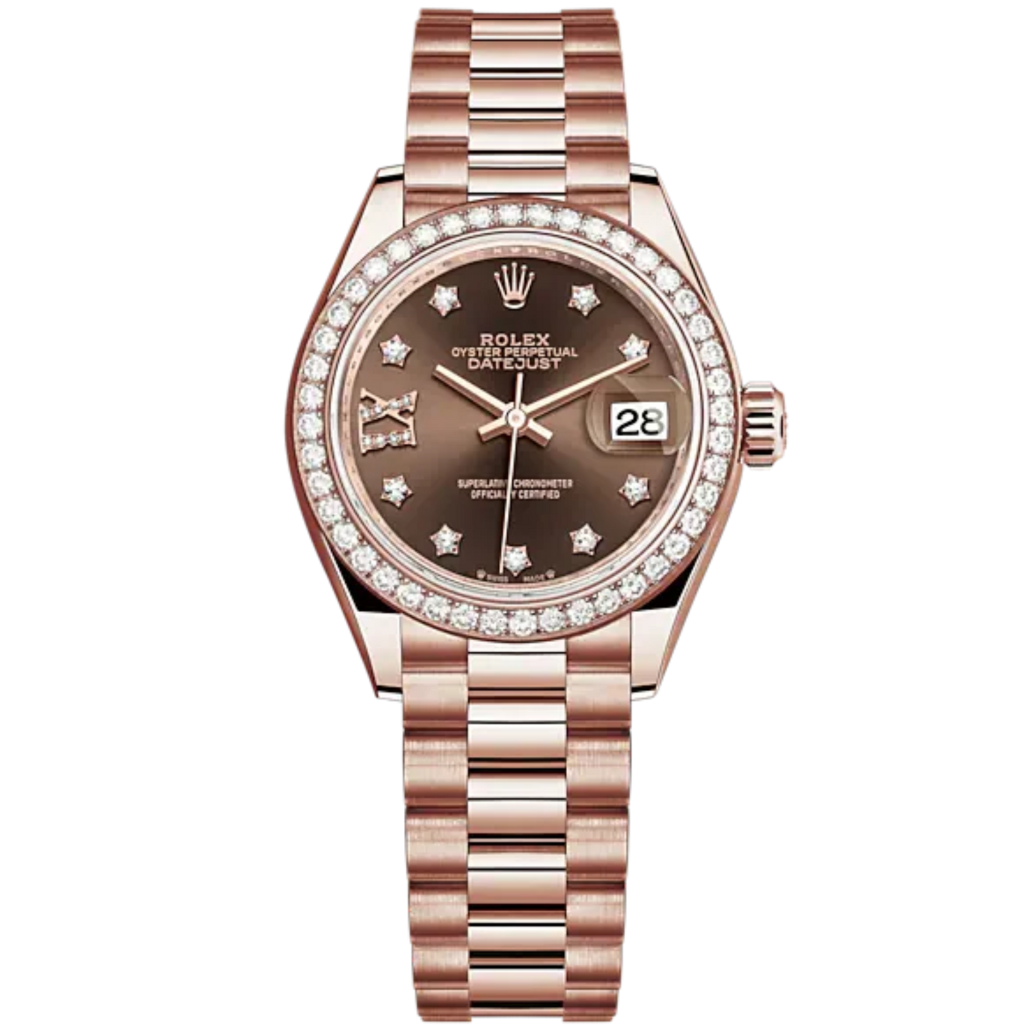 Lady-DateJust 28mm President Bracelet and 18 KT Everose Gold with Chocolate Dial Diamond-Set Dial Diamond-Set Bezel