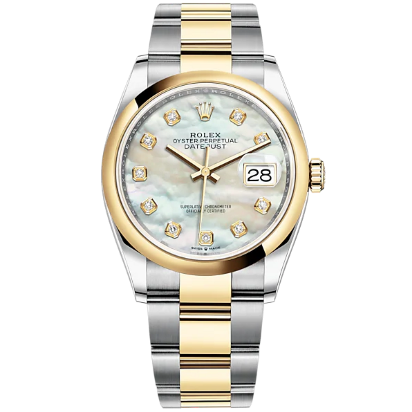 Datejust 36 36mm Oyster Bracelet Oystersteel and Yellow Gold with White Mother-of-Pearl Diamond-Set Dial Domed Bezel
