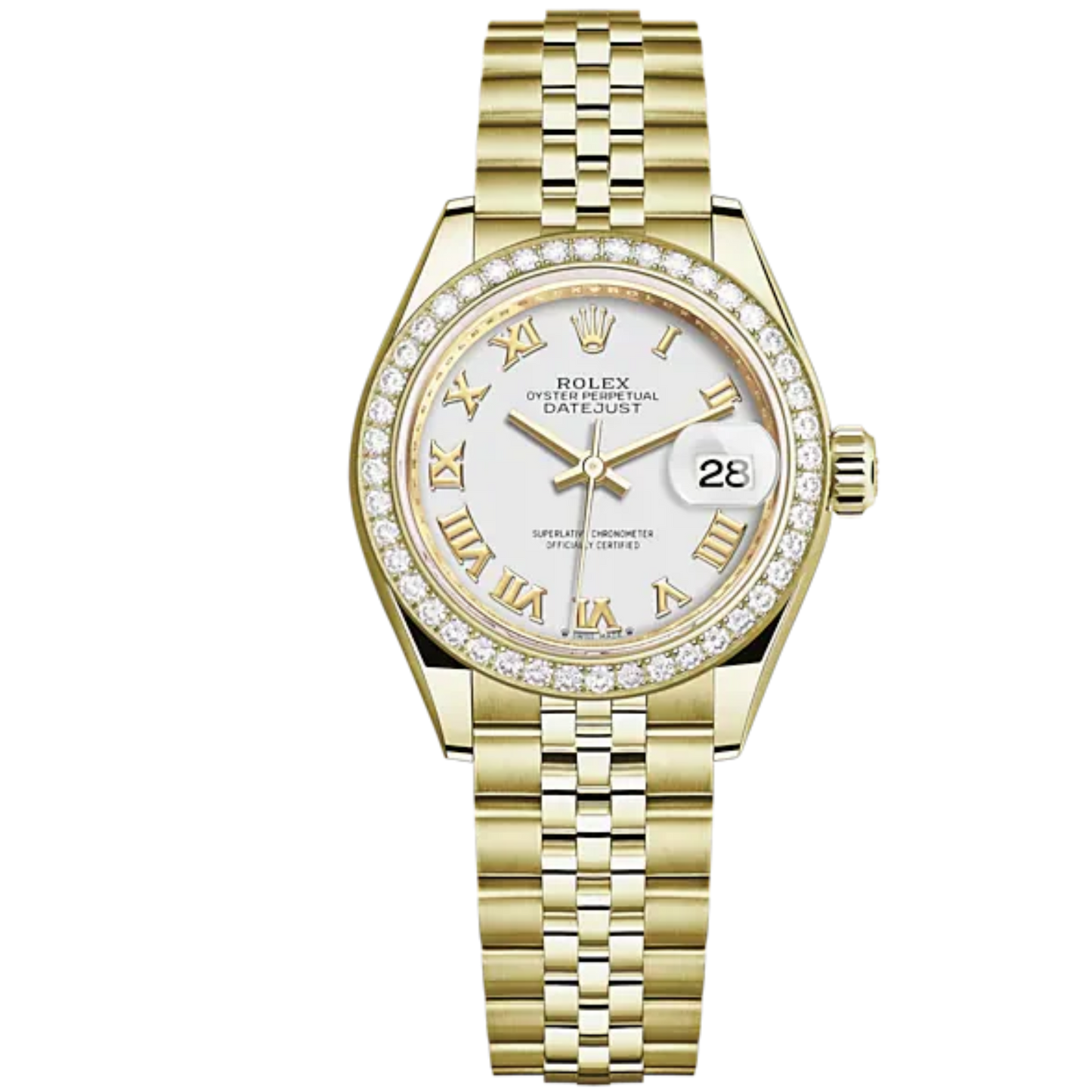Lady-DateJust 28mm Jubilee Bracelet and 18 KT Yellow Gold with White Dial Diamond-Set Bezel