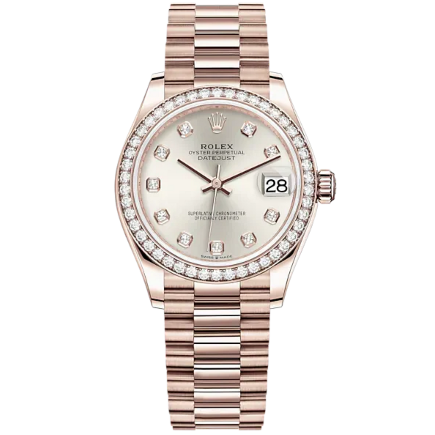 Datejust 31 31mm President Bracelet and 18 CT Everose Gold with Silver Diamond-Set Dial Diamond-Set Bezel