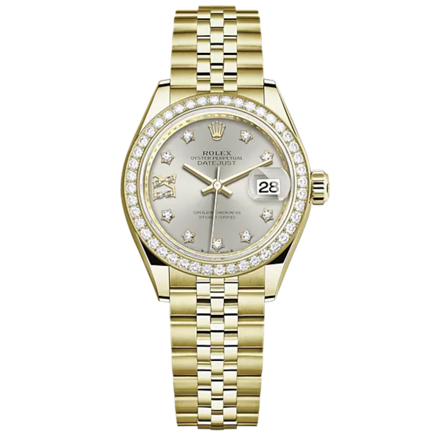 Lady-DateJust 28mm Jubilee Bracelet and 18 KT Yellow Gold with Silver Dial Diamond-Set Dial Diamond-Set Bezel