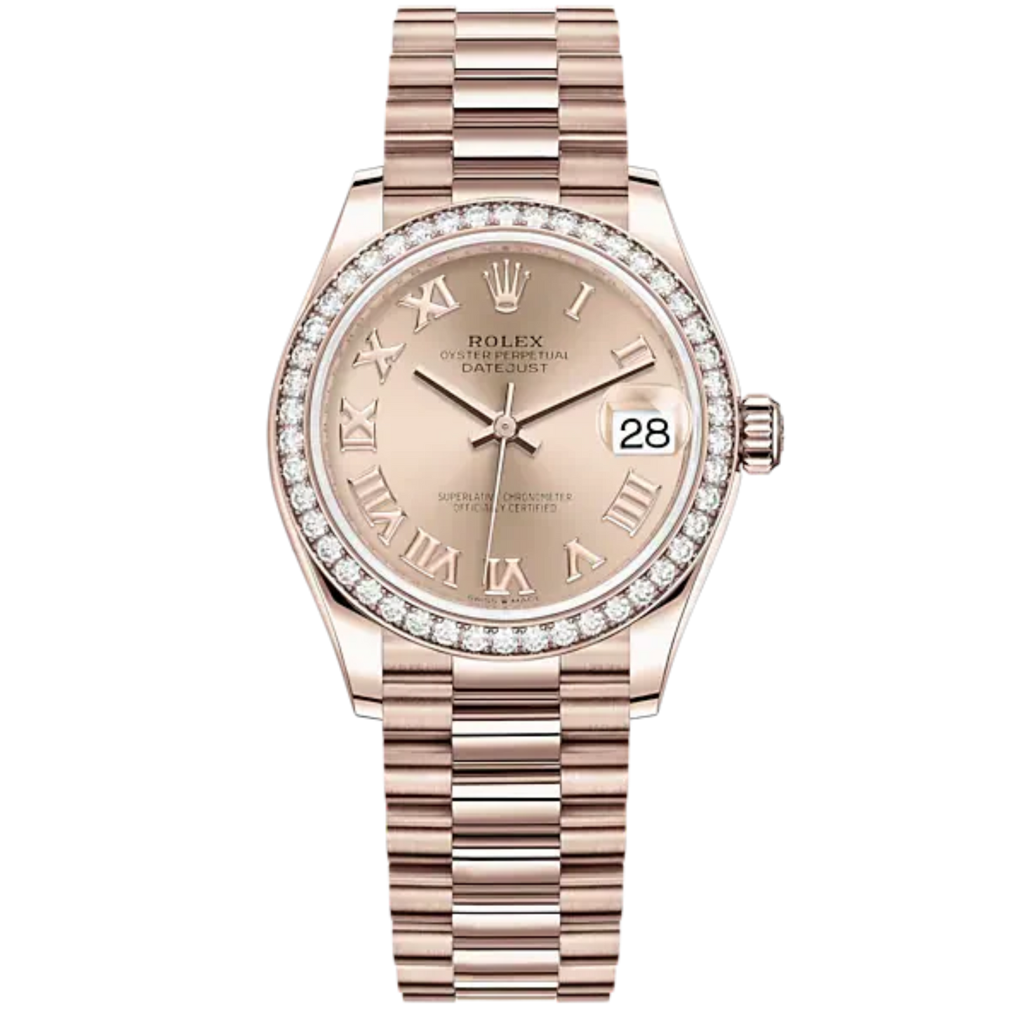 Datejust 31 31mm President Bracelet and 18 CT Everose Gold with Rosé-Colour Roman Dial Diamond-Set Bezel
