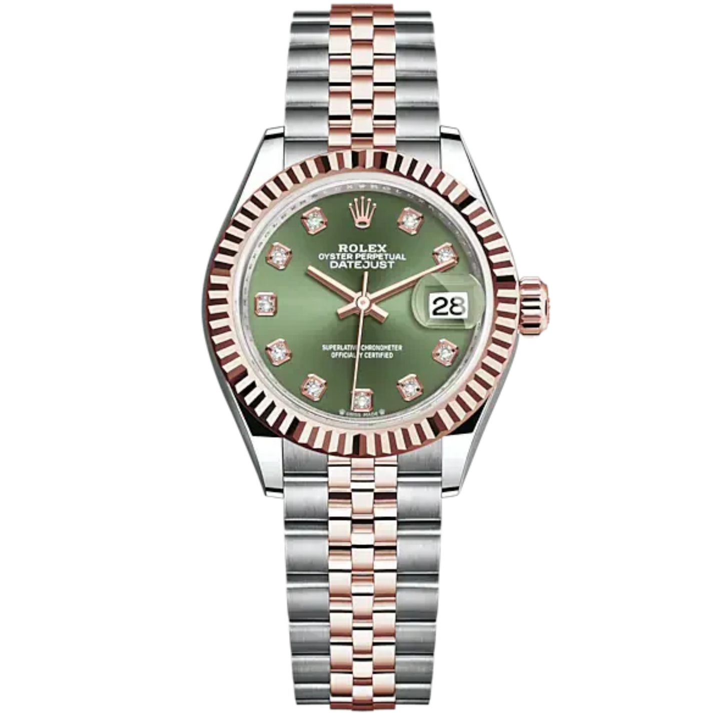 Lady-DateJust 28mm Oystersteel Jubilee Bracelet and Everose Gold with Olive-Green Dial Diamond-Set Dial Fluted Bezel
