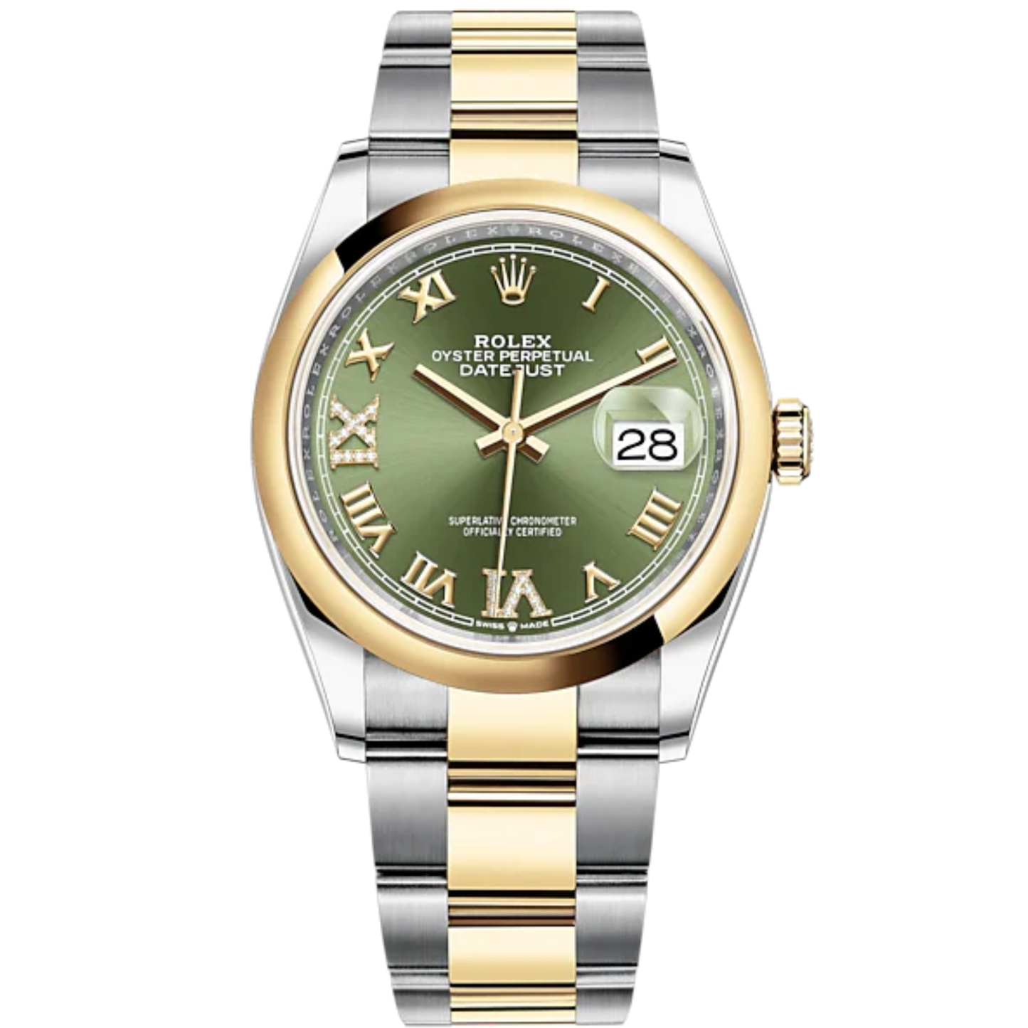 Datejust 36 36mm Oyster Bracelet Oystersteel and Yellow Gold with Olive-Green Diamond-Set Dial Domed Bezel