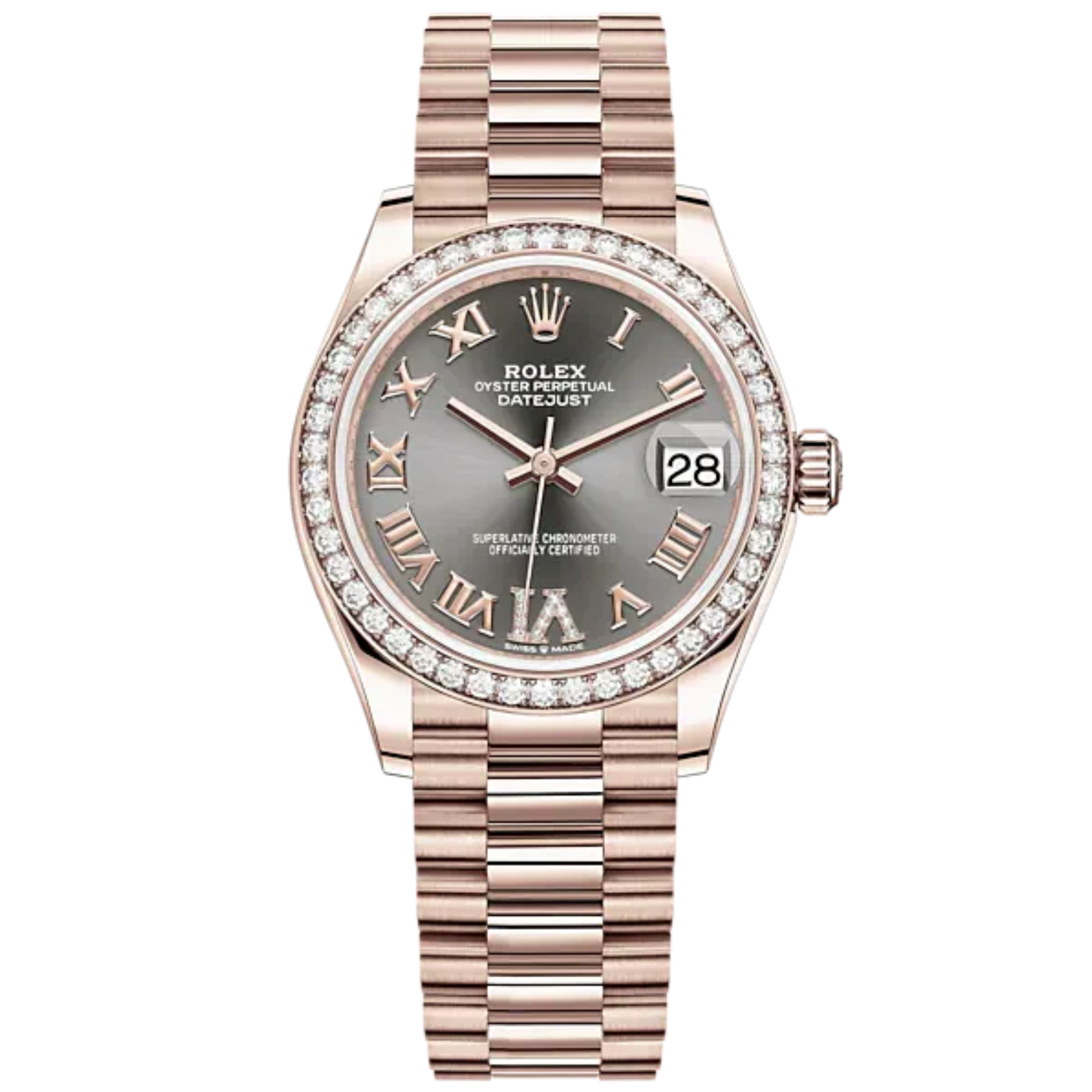 Datejust 31 31mm President Bracelet and 18 CT Everose Gold with Slate Diamond Dial Diamond-Set Bezel
