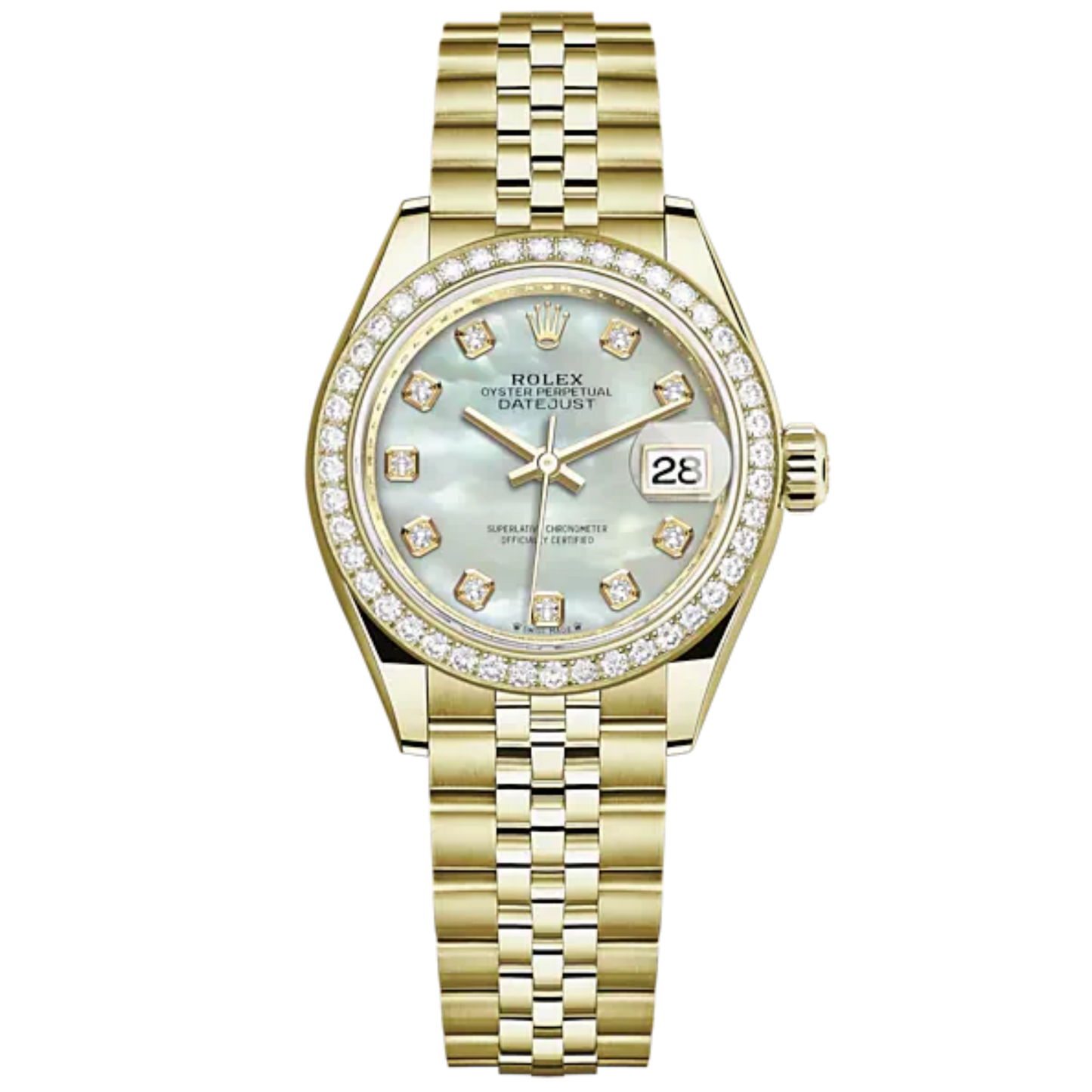 Lady-DateJust 28mm Jubilee Bracelet and 18 KT Yellow Gold with White Mother-of-Pearl Diamond-Set Dial Diamond-Set Bezel