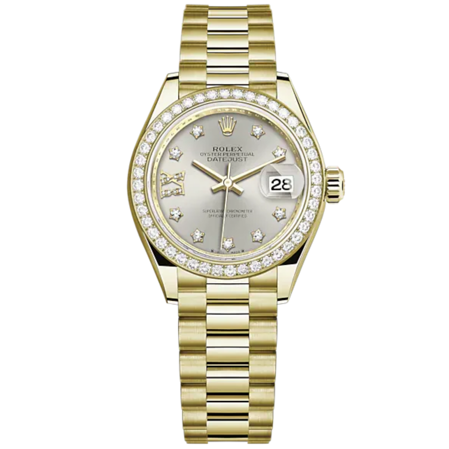 Lady-DateJust 28mm President Bracelet and 18 KT Yellow Gold with Silver Dial Diamond-Set Dial Diamond-Set Bezel
