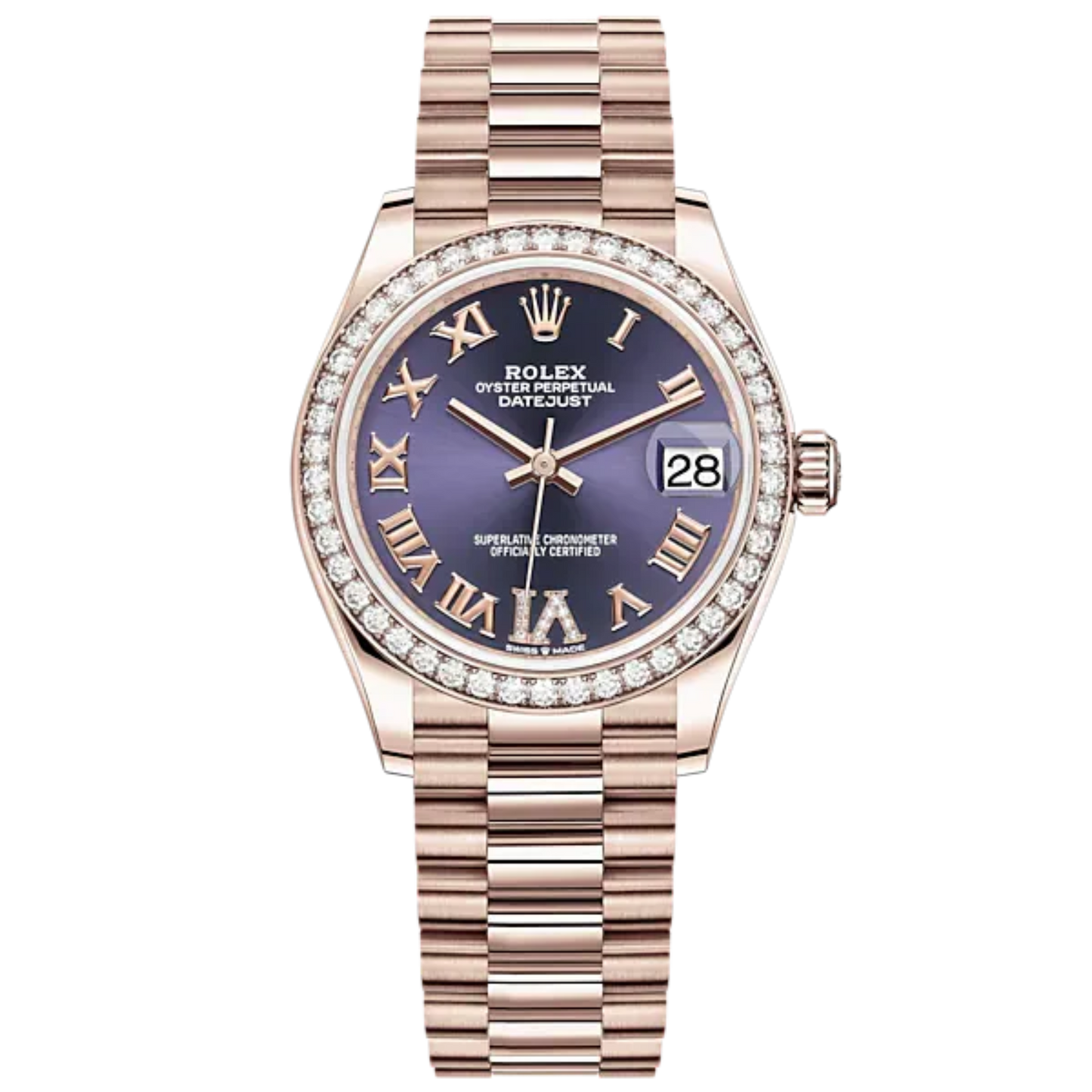 Datejust 31 31mm President Bracelet and 18 CT Everose Gold with Aubergine Diamond Dial Diamond-Set Bezel