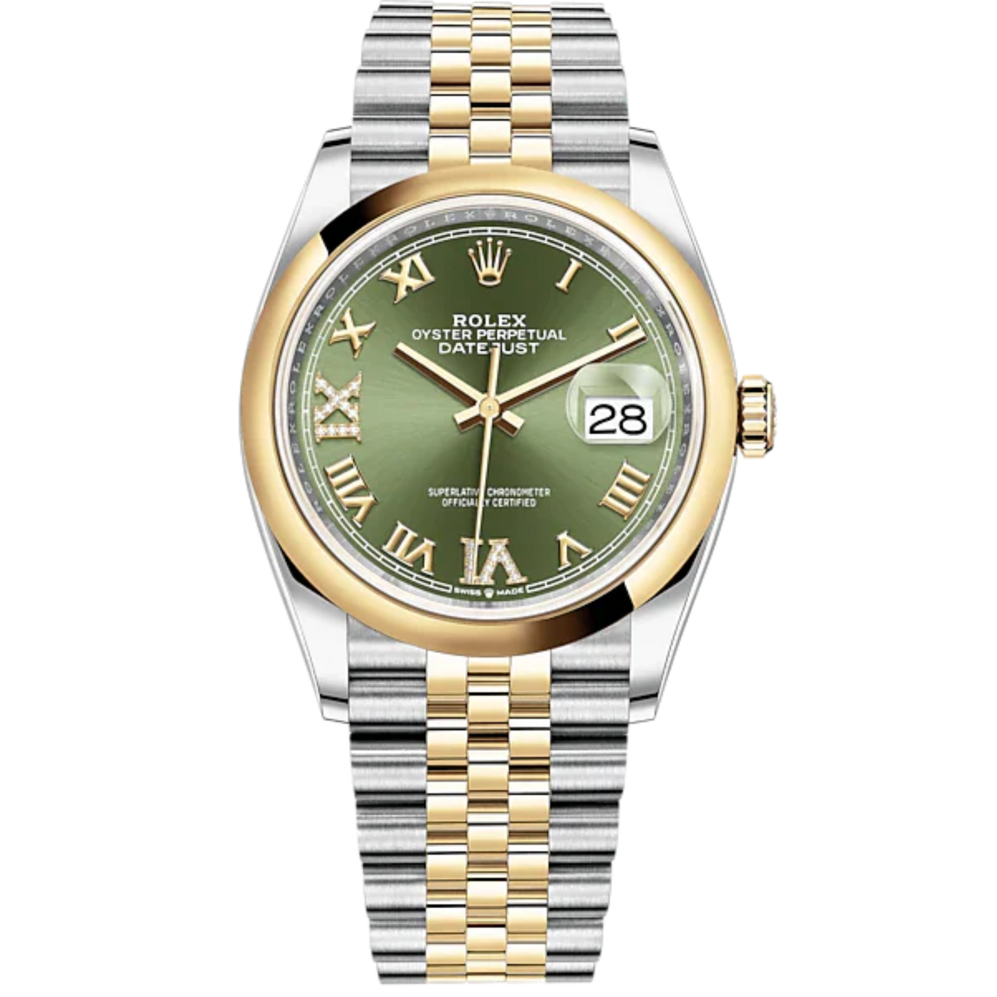 Datejust 36 36mm Oystersteel Jubilee Bracelet and Yellow Gold with Olive-Green Diamond-Set Dial Domed Bezel