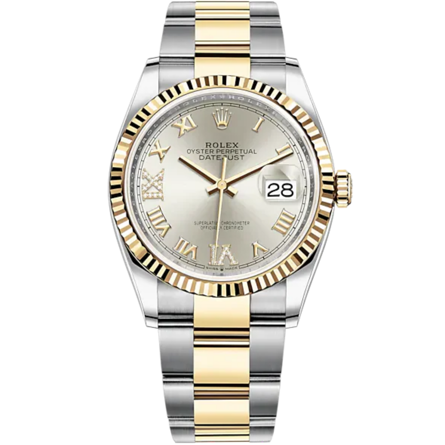 Datejust 36 36mm Oyster Bracelet Oystersteel and Yellow Gold with Silver Diamond-Set Dial Fluted Bezel
