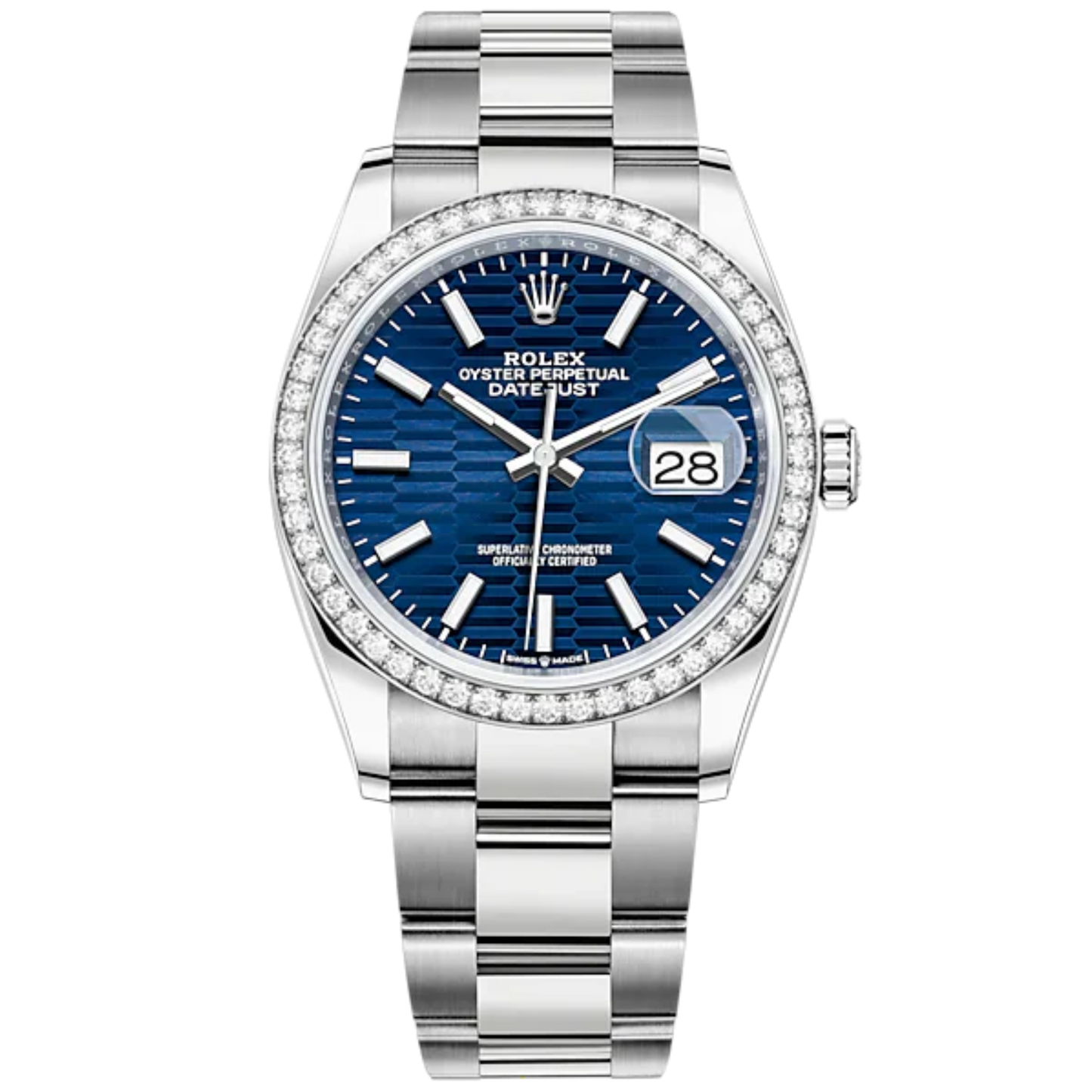 Datejust 36 36mm Oyster Bracelet Oystersteel and White Gold with Bright Blue Fluted-Motif Dial Diamond-Set Bezel