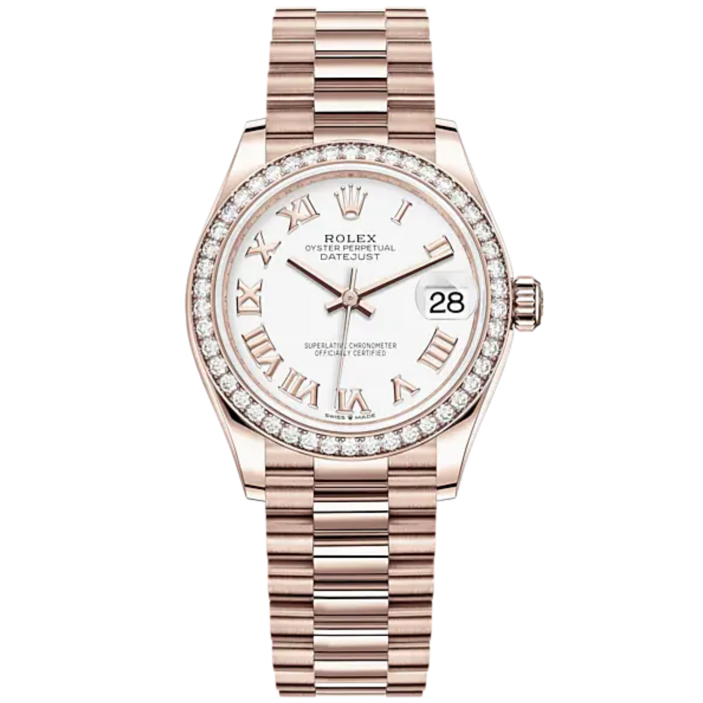 Datejust 31 31mm President Bracelet and 18 CT Everose Gold with White Dial Diamond-Set Bezel