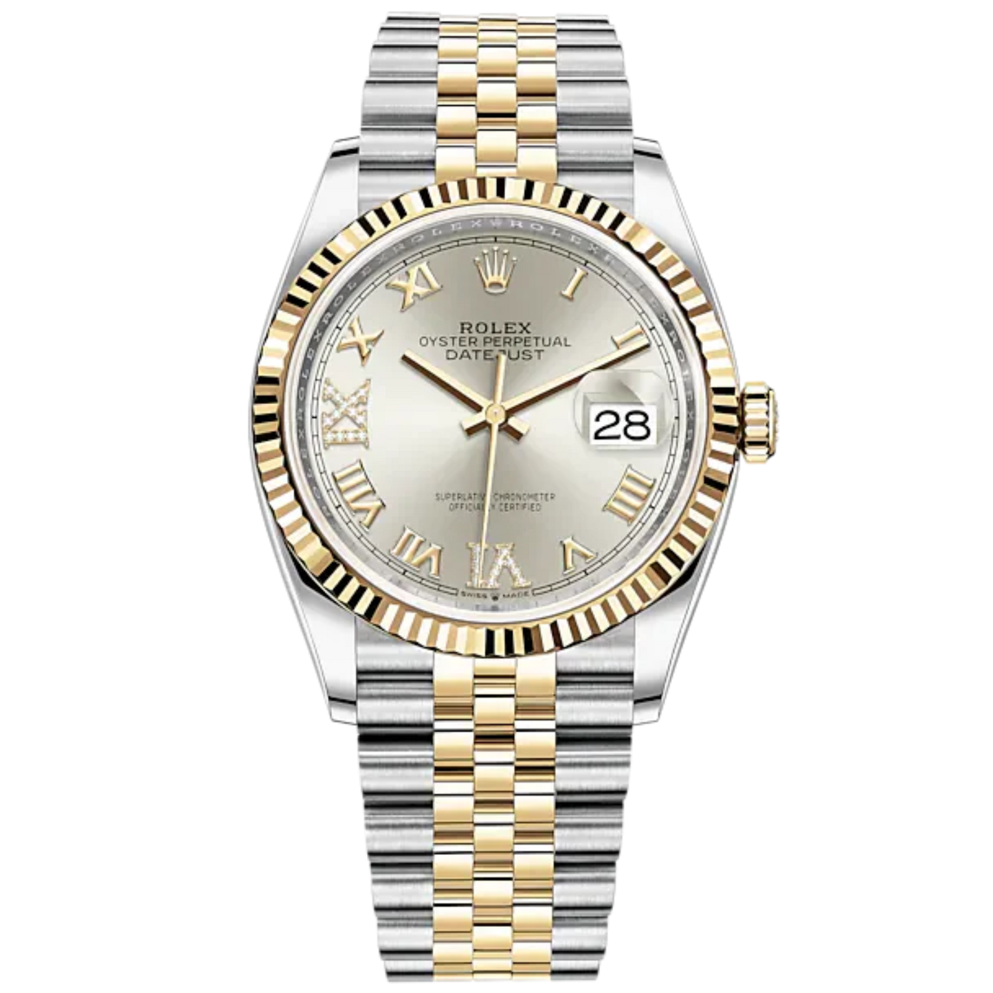 Datejust 36 36mm Oystersteel Jubilee Bracelet and Yellow Gold with Silver Diamond-Set Dial Fluted Bezel