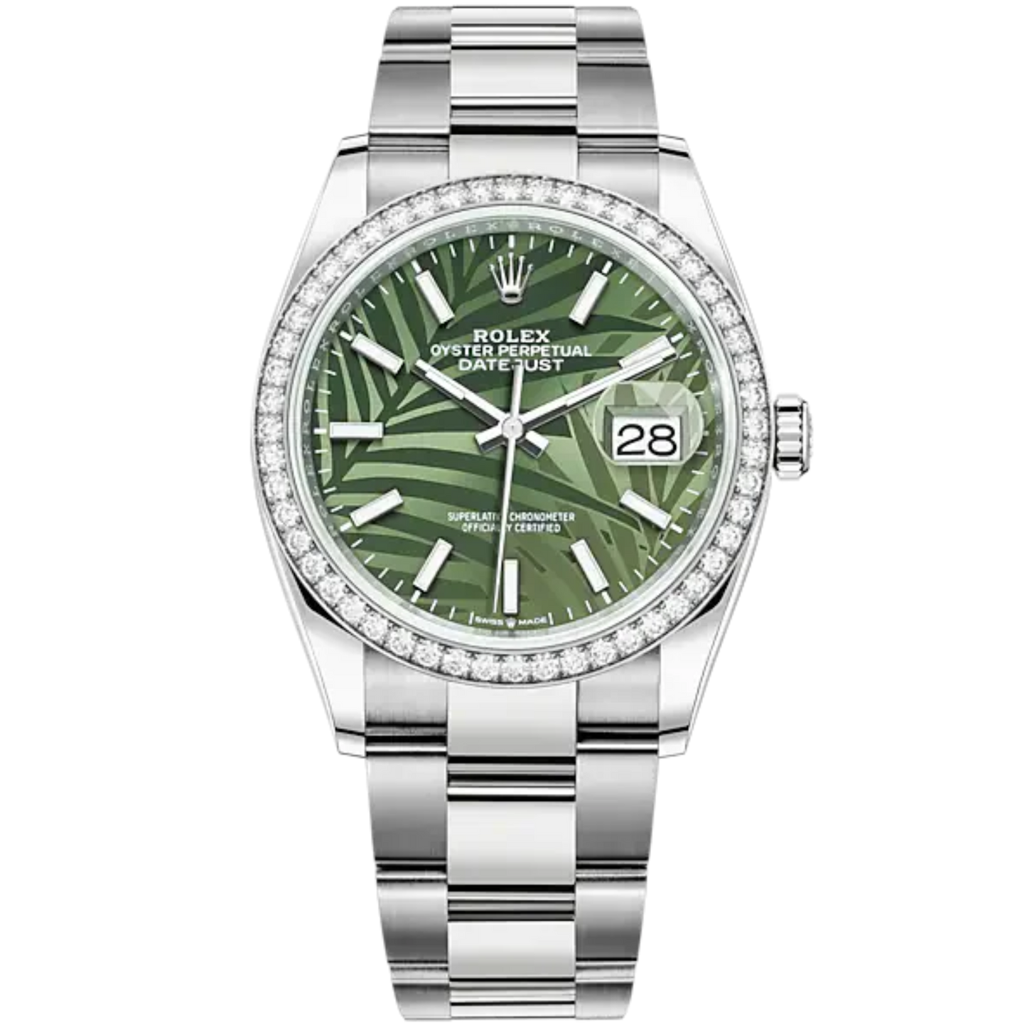 Datejust 36 36mm Oyster Bracelet Oystersteel and White Gold with Olive-Green Palm-Motif Diamond-Set Bezel