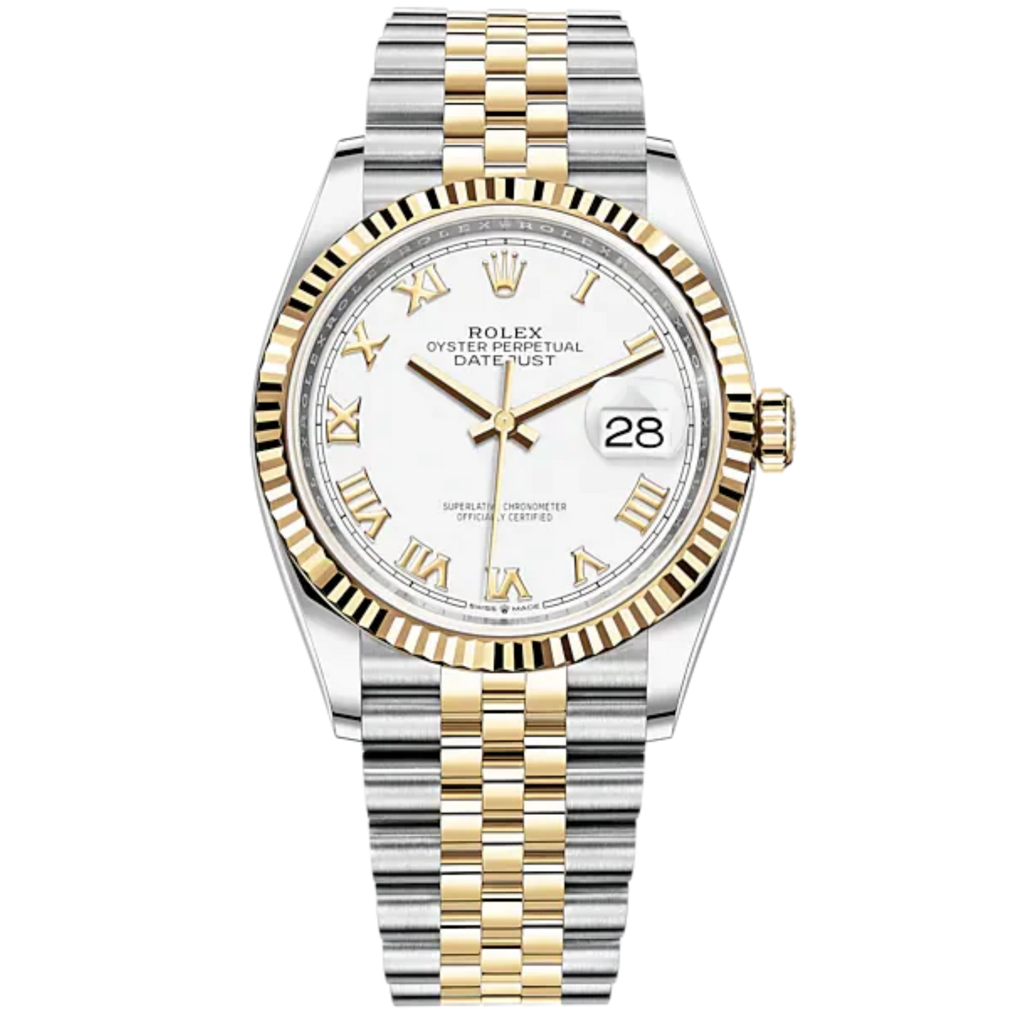 Datejust 36 36mm Oystersteel Jubilee Bracelet and Yellow Gold with White Dial Fluted Bezel