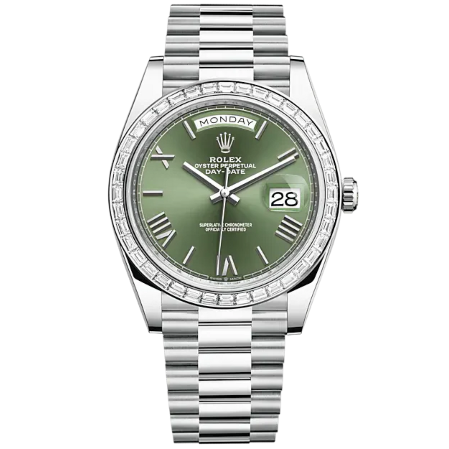 Day-Date 40 40mm President Bracelet and Platinum with Olive Green Dial and Diamond-Set Bezel